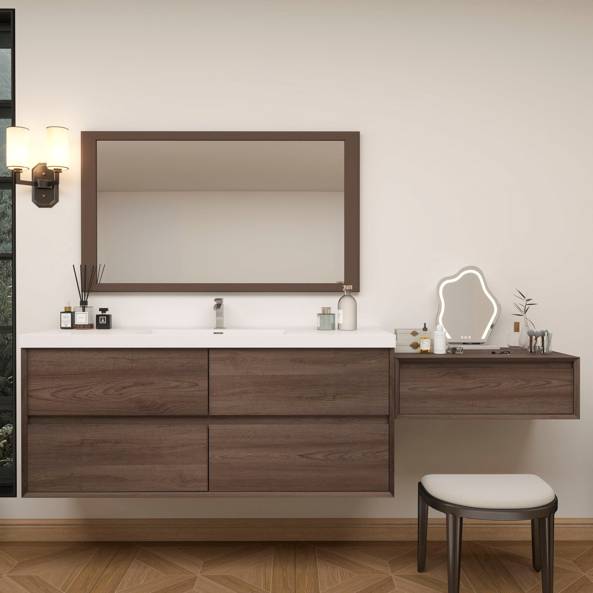 BV Better Vanity SLIM17-60S+30-RO Kingdee 90-in Red Oak Single Sink Floating Bathroom Vanity with White Acrylic Top