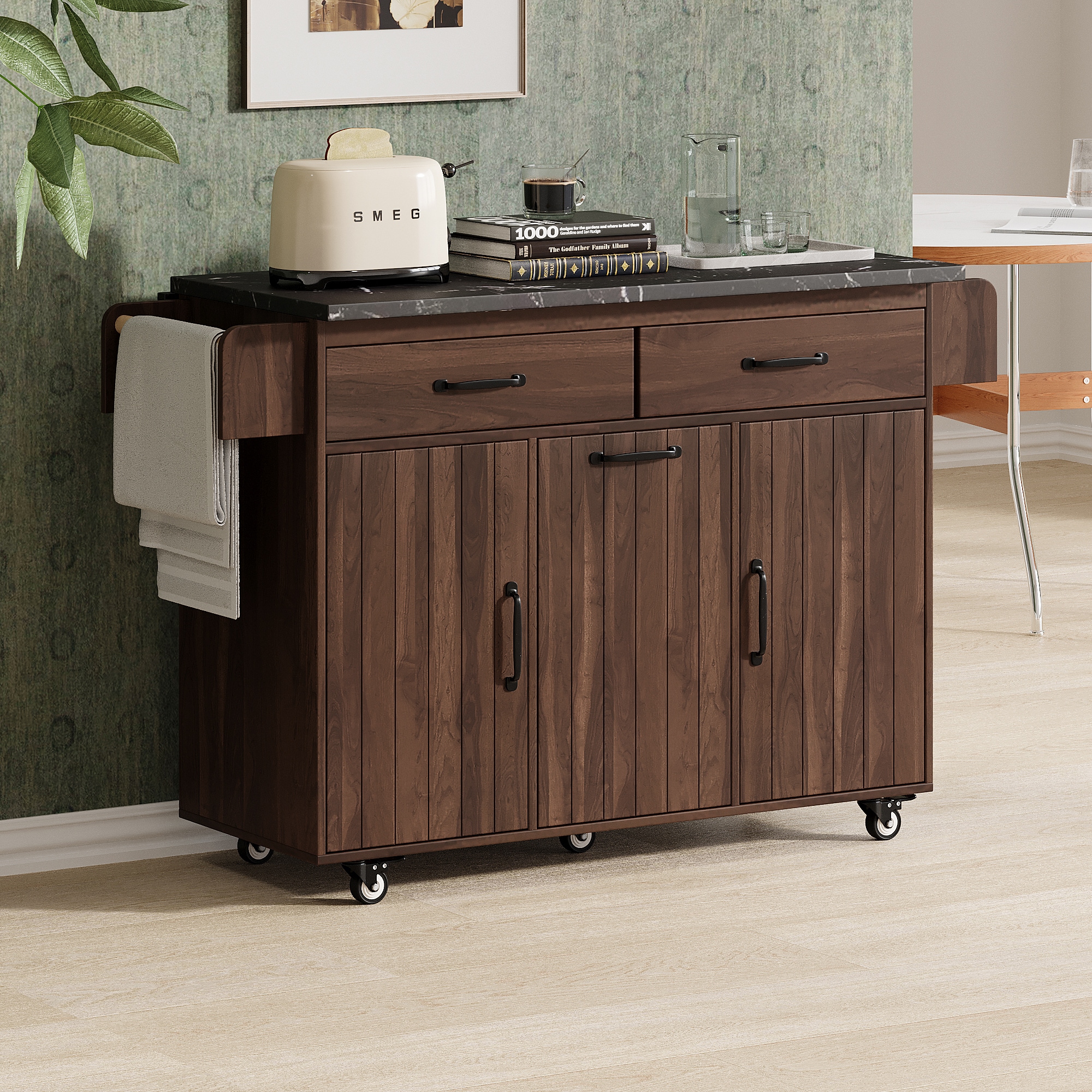 Bybafun Gray Mdf Base with Mdf Wood Top Rolling Kitchen Cart (20.6-in x 51-in x 35-in)