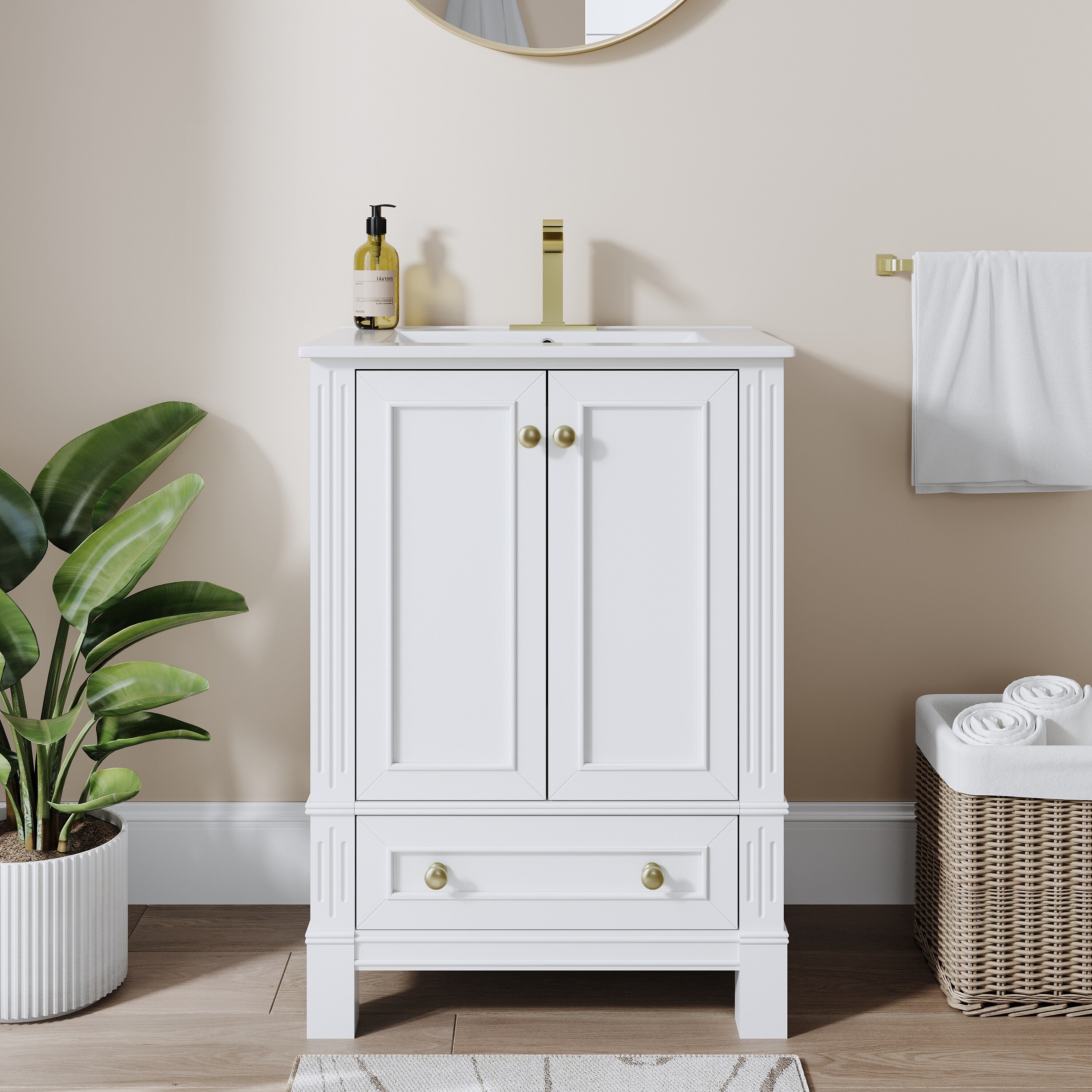 CALVON - ZLU 24-in White Undermount Single Sink Bathroom Vanity with White Ceramic Top