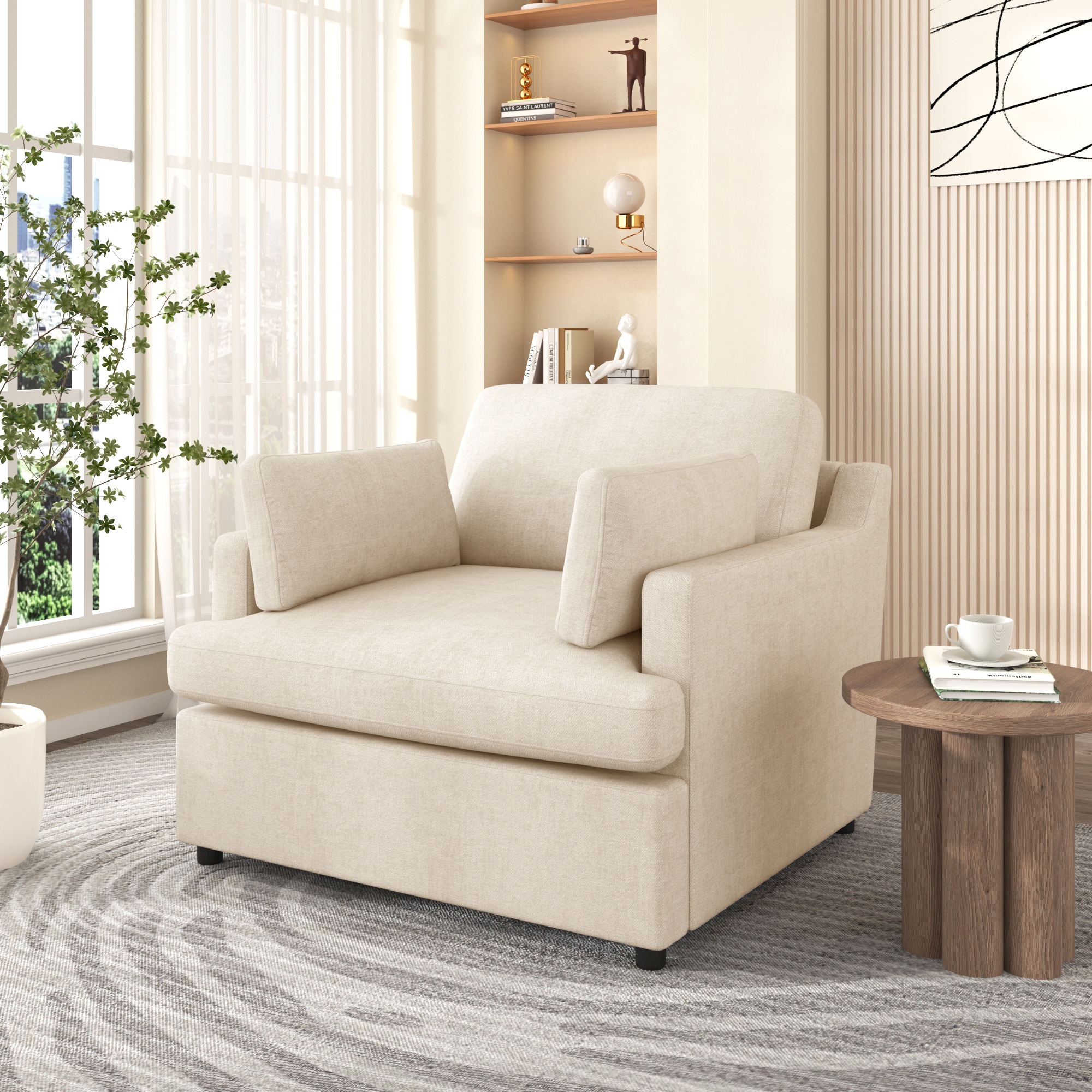 Beige Barrel Accent Chair with Wood Frame and Cushions
