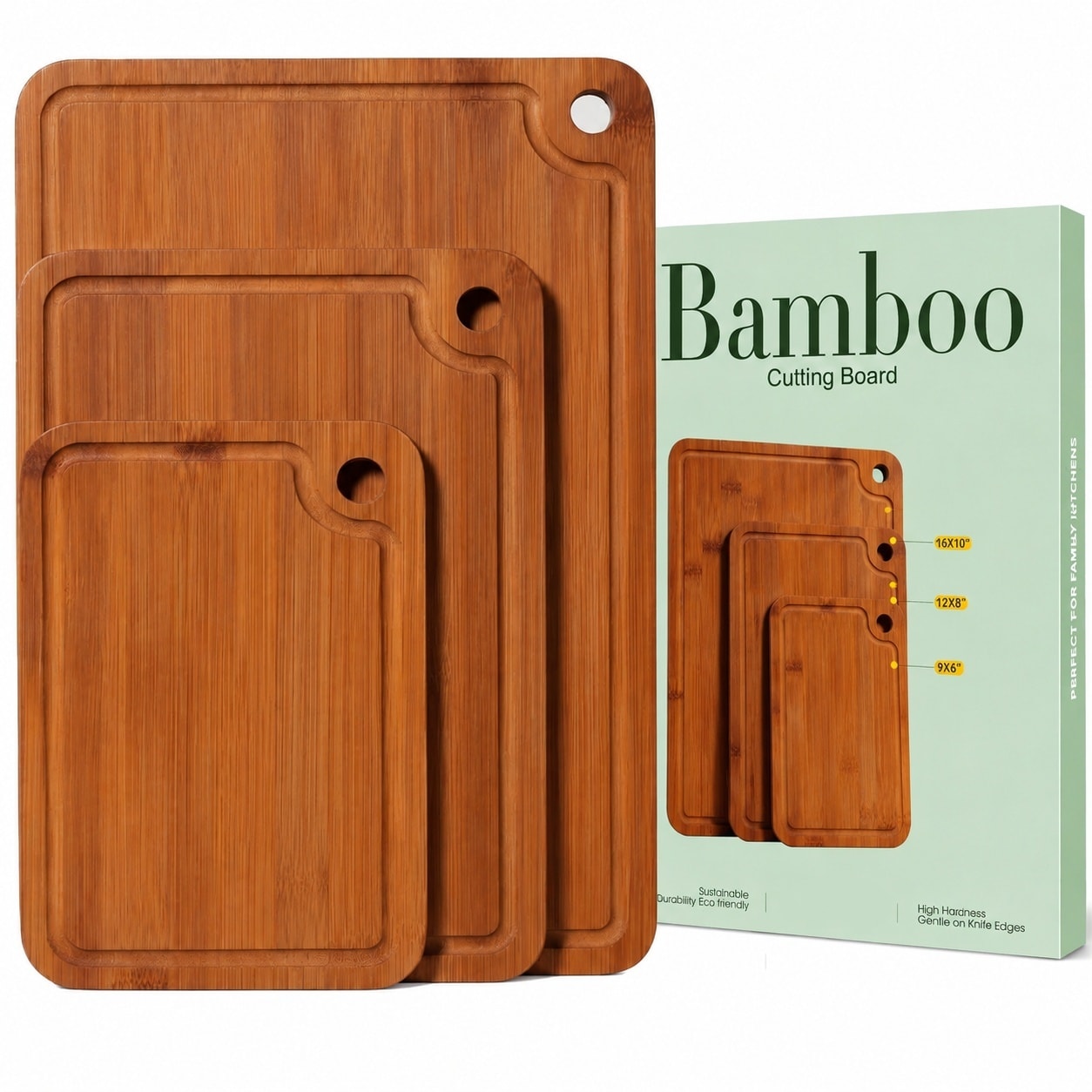 Etokfoks 3 Piece Dark Carbonized Finish Bamboo Cutting Board Set Kitchen Chopping Boards with Juice Groove Knife Friendly #LETJPP0M3