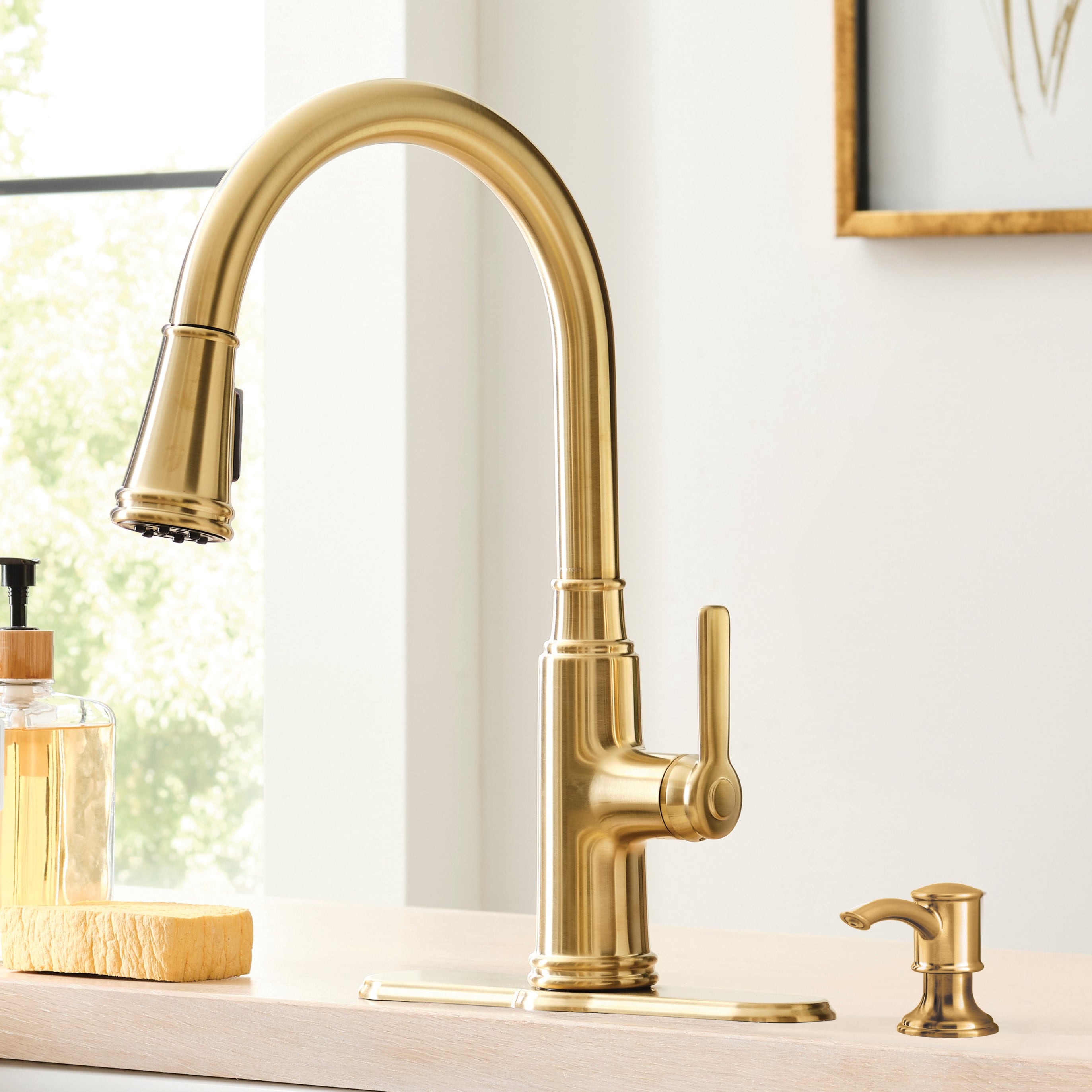 allen + roth 67726W-164408 Evanston Brushed Gold Single Handle Deck-mount Pull-down Kitchen Faucet with Sprayer ( Deck Plate Included ) (Soap Dispenser Included)