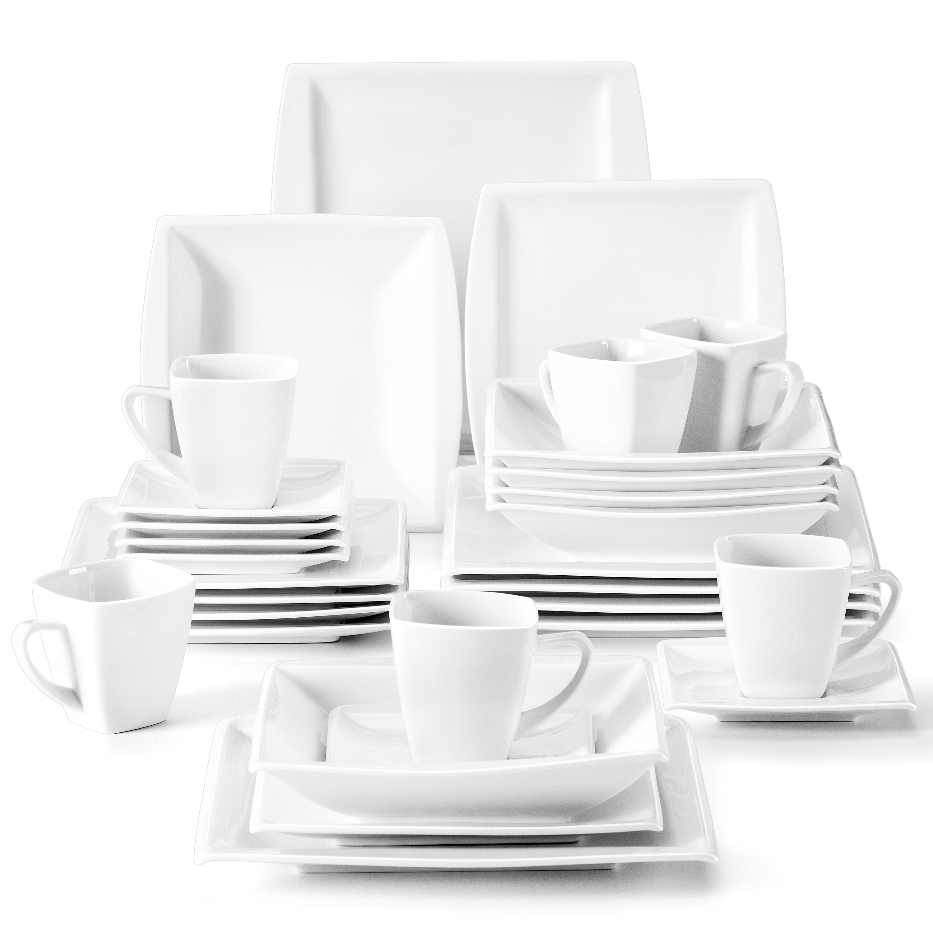 MALACASA Dinnerware Sets for 12, 56-Piece Porcelain Square Plates