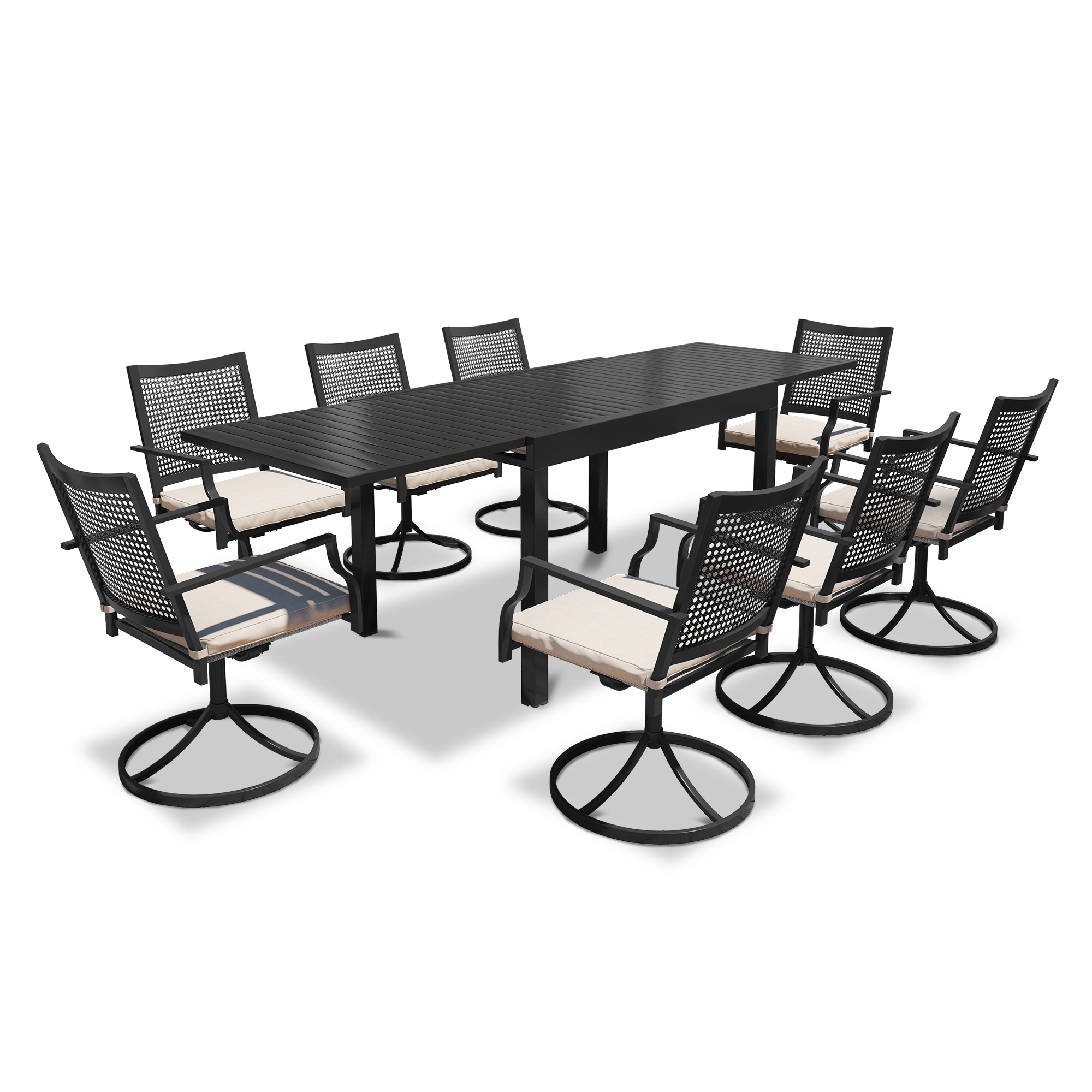 CASAINC CAC3312T59A Patio Dining Set Extendable Table Iron Rectangle Table with 8pcs Swivel Chairs 9 -Piece Black Woven Patio Dining Set Extendable Table Iron Rectangle Table with 8 Off-white Swivel Chairs
