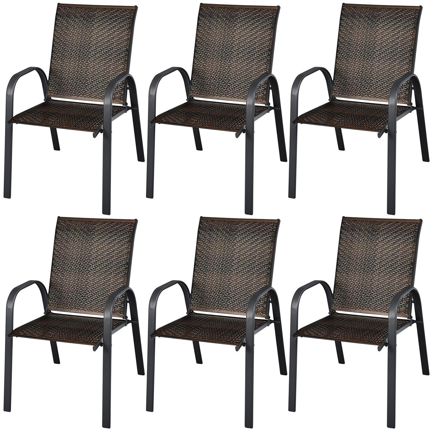 Clihome CL-CF-6-10511 Patio Stackable Dining Chairs Set of 6 Rattan Stackable Black Metal Frame Stationary Dining Chair with Woven Seat