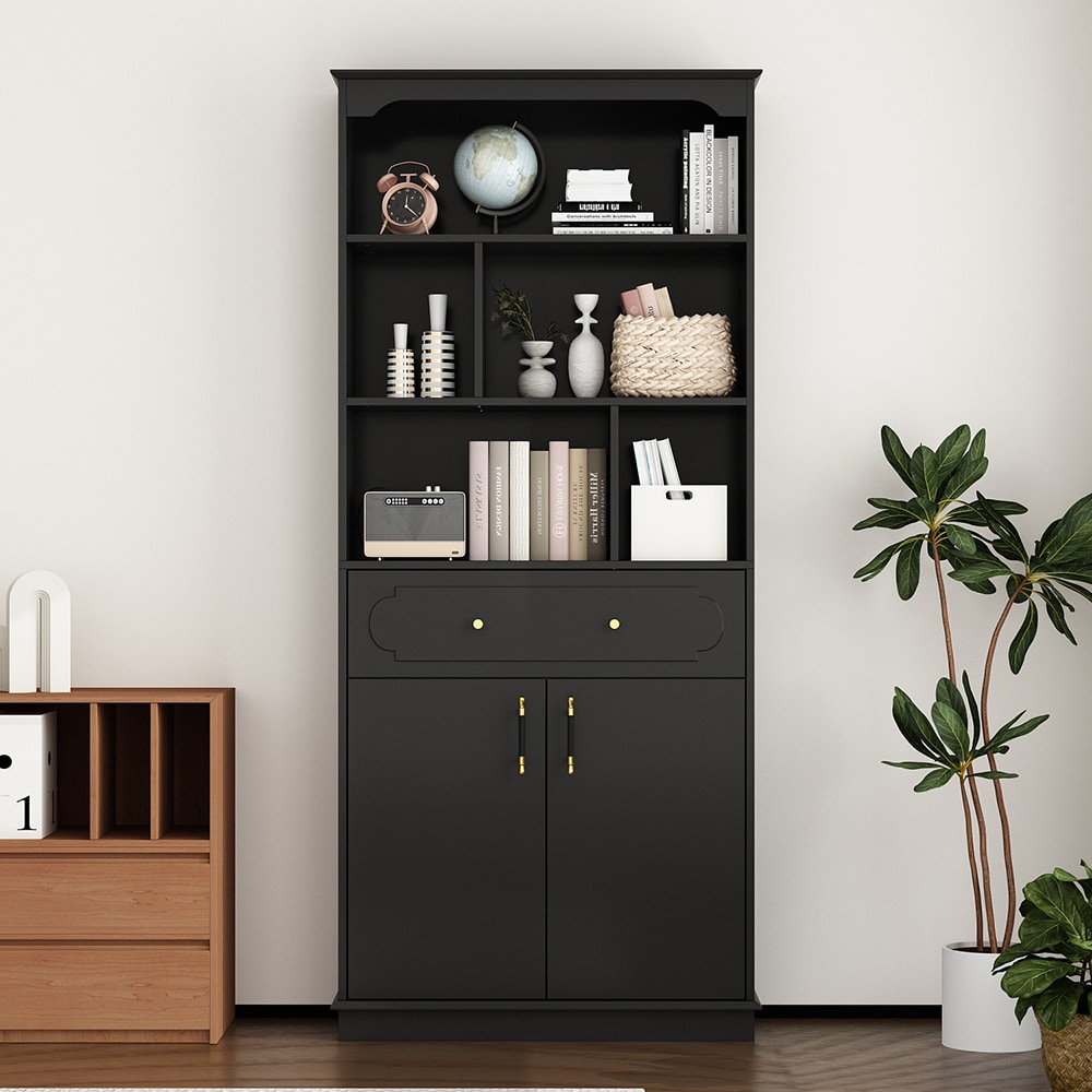 Homsee C-KF460052-01 71 in H x 31.5 in W 5-Layer 2-Door Bookcase With Drawer Modern Minimalist Storage Elegance