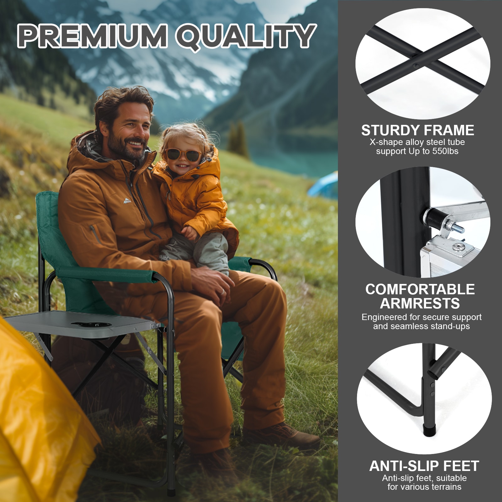 Green Heated Steel Folding Director's Chair with Side Table