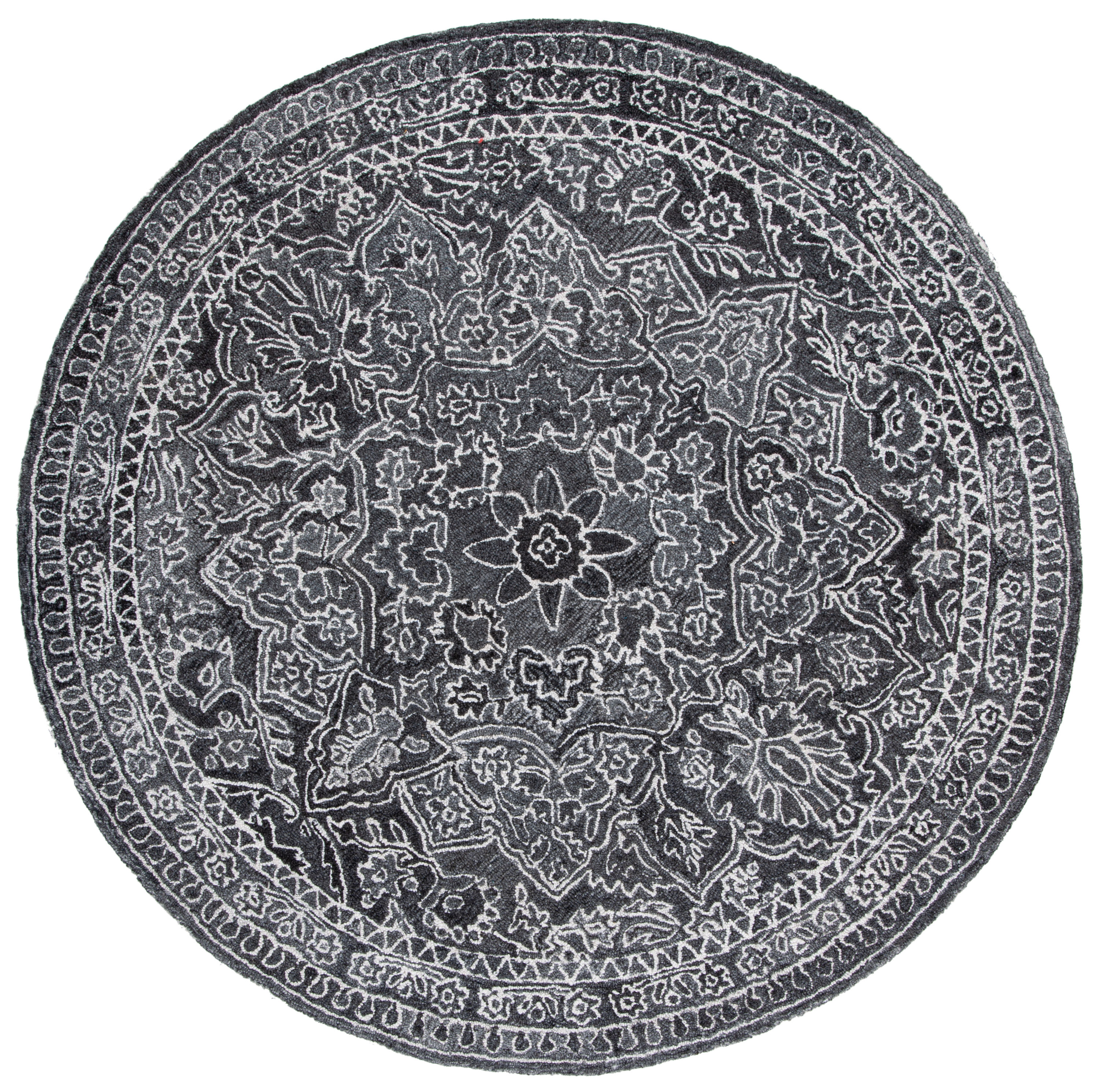 Black Round Hand-Tufted Wool Medallion Area Rug