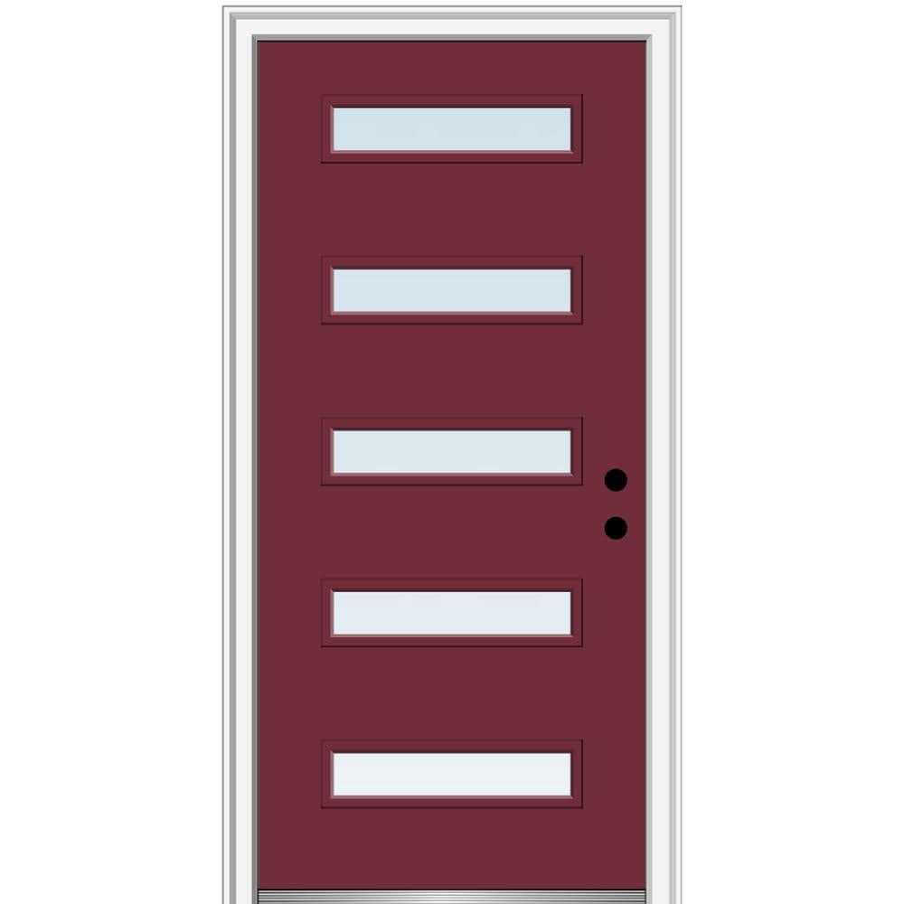 MMI DOOR ZZ346473L Spotlights 32-in x 80-in x 4-9/16-in Fiberglass Pulse lite Left-hand inswing Burgundy Painted Prehung Front Door with Brickmould Insulating core