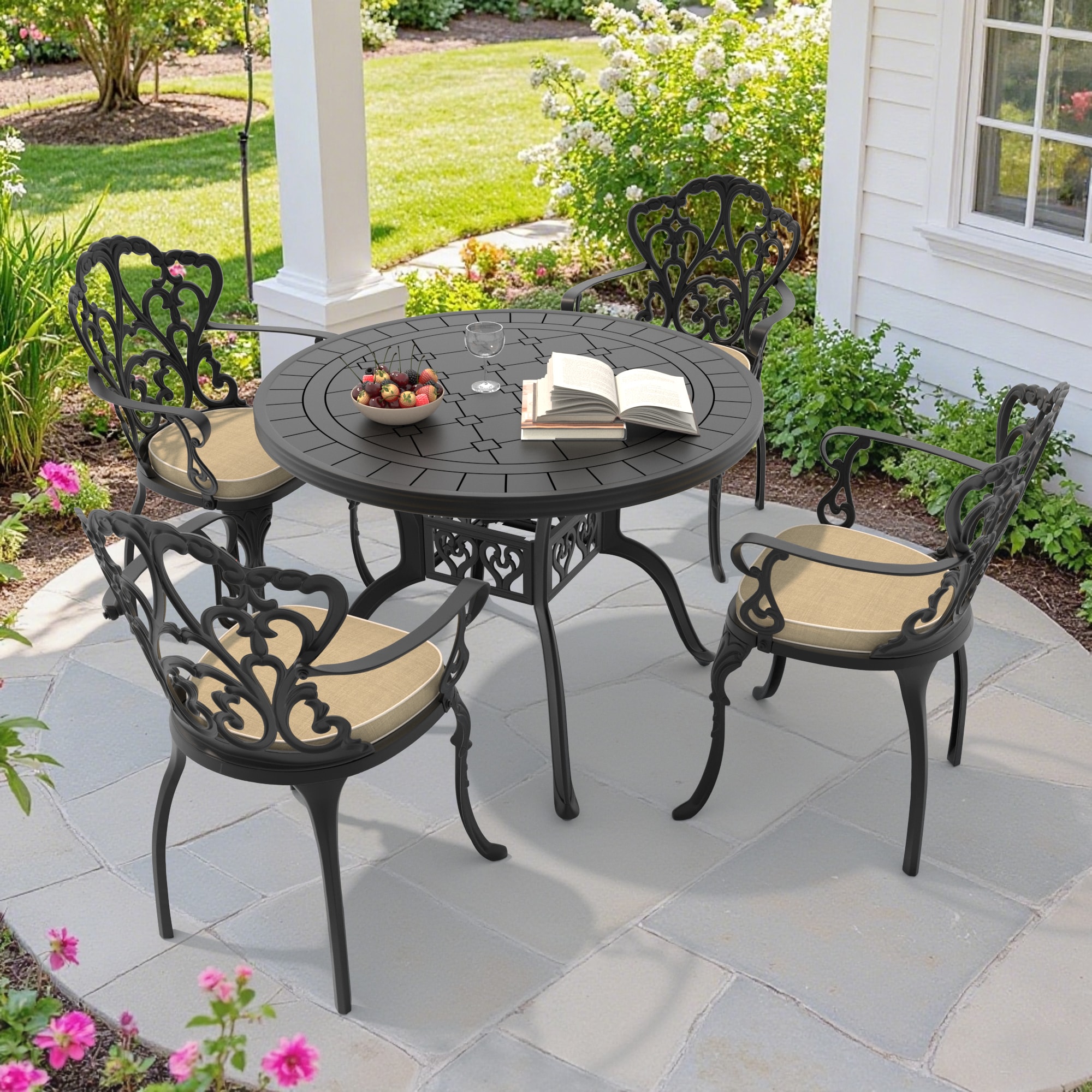 nicesure SLBK6047CZ4A1149RC 5 -Piece Black Patio Dining Set Aluminum Round Table with 4 Cushions Stationary Chairs