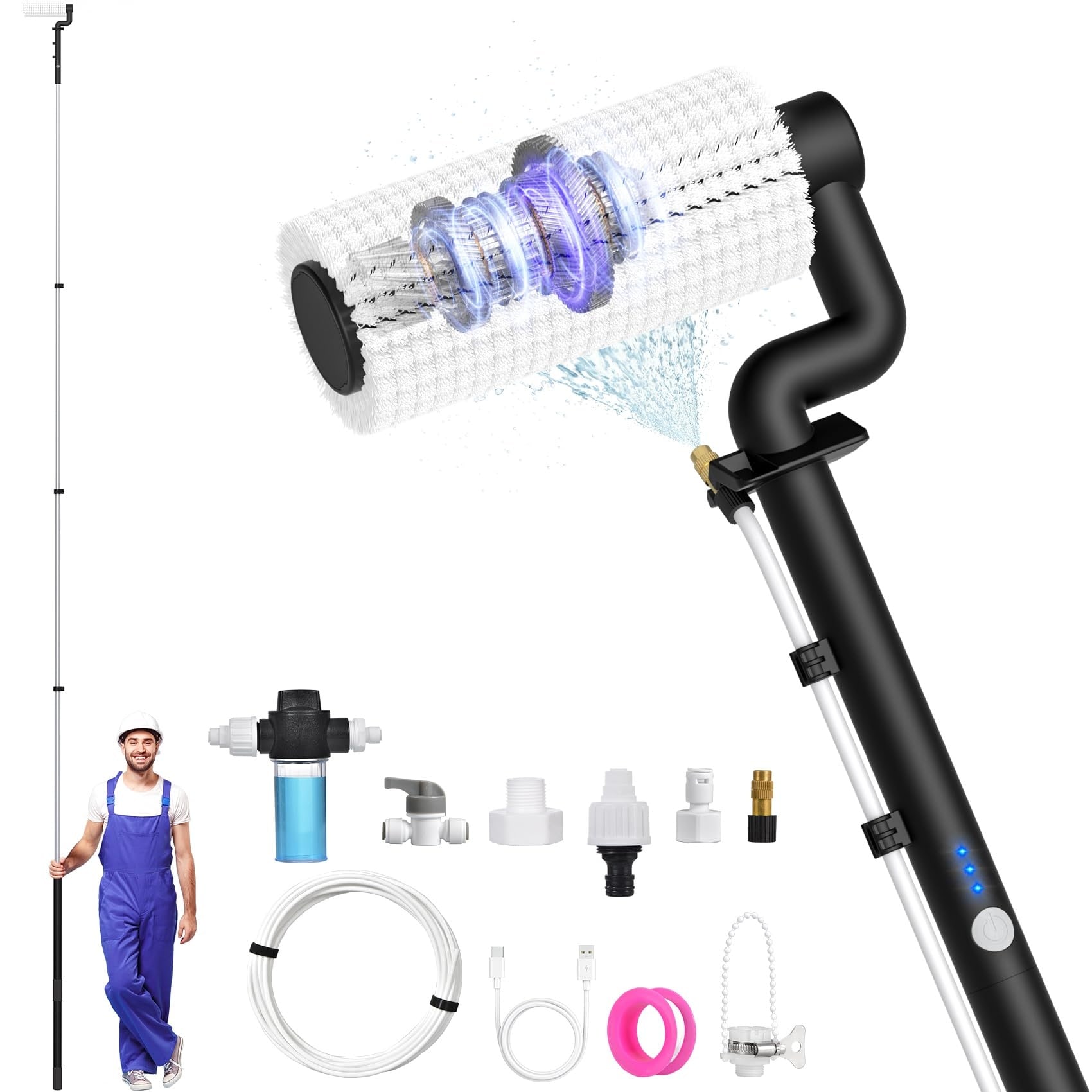 Misopily  Electric Solar Panel Cleaning Kit 20FT Telescopic Water Fed Pole with Soap Dispenser Lightweight Brush for Roof and Window Cleaning