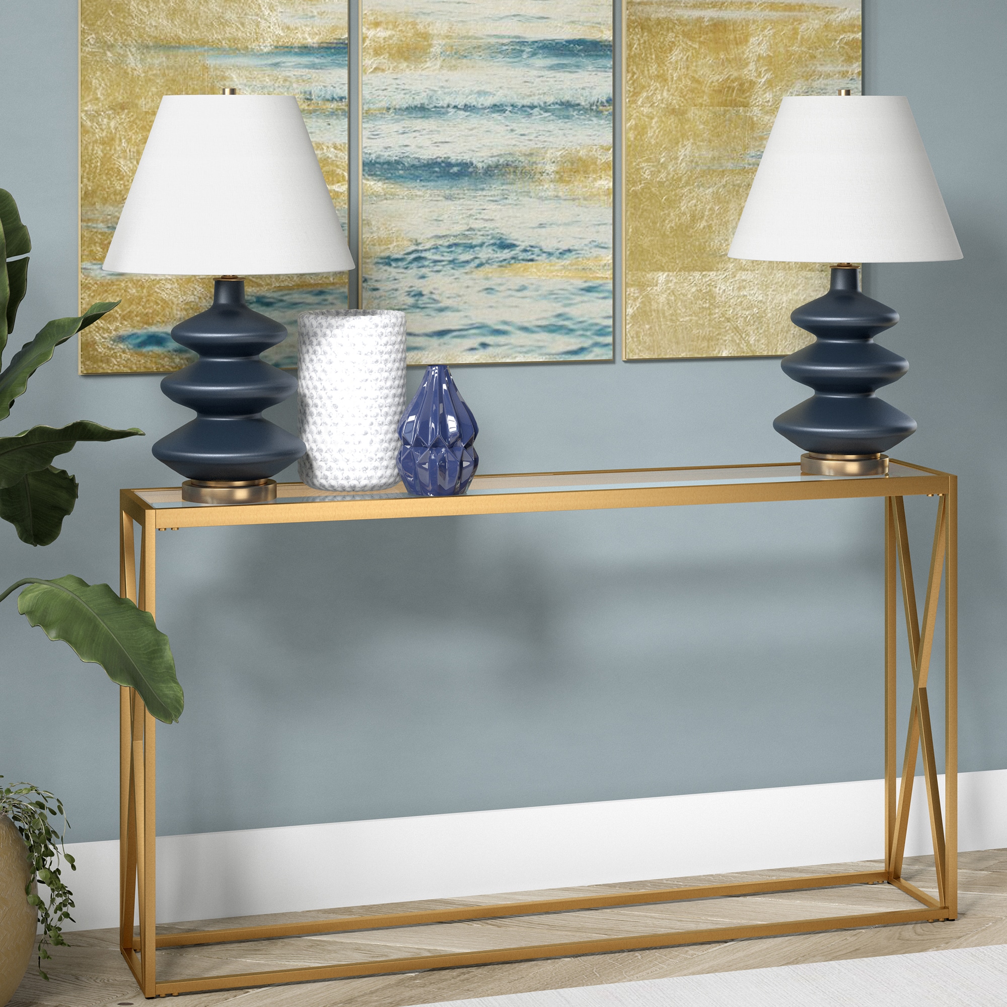Modern Geometric 55" Brass Console Table with Tempered Glass Top