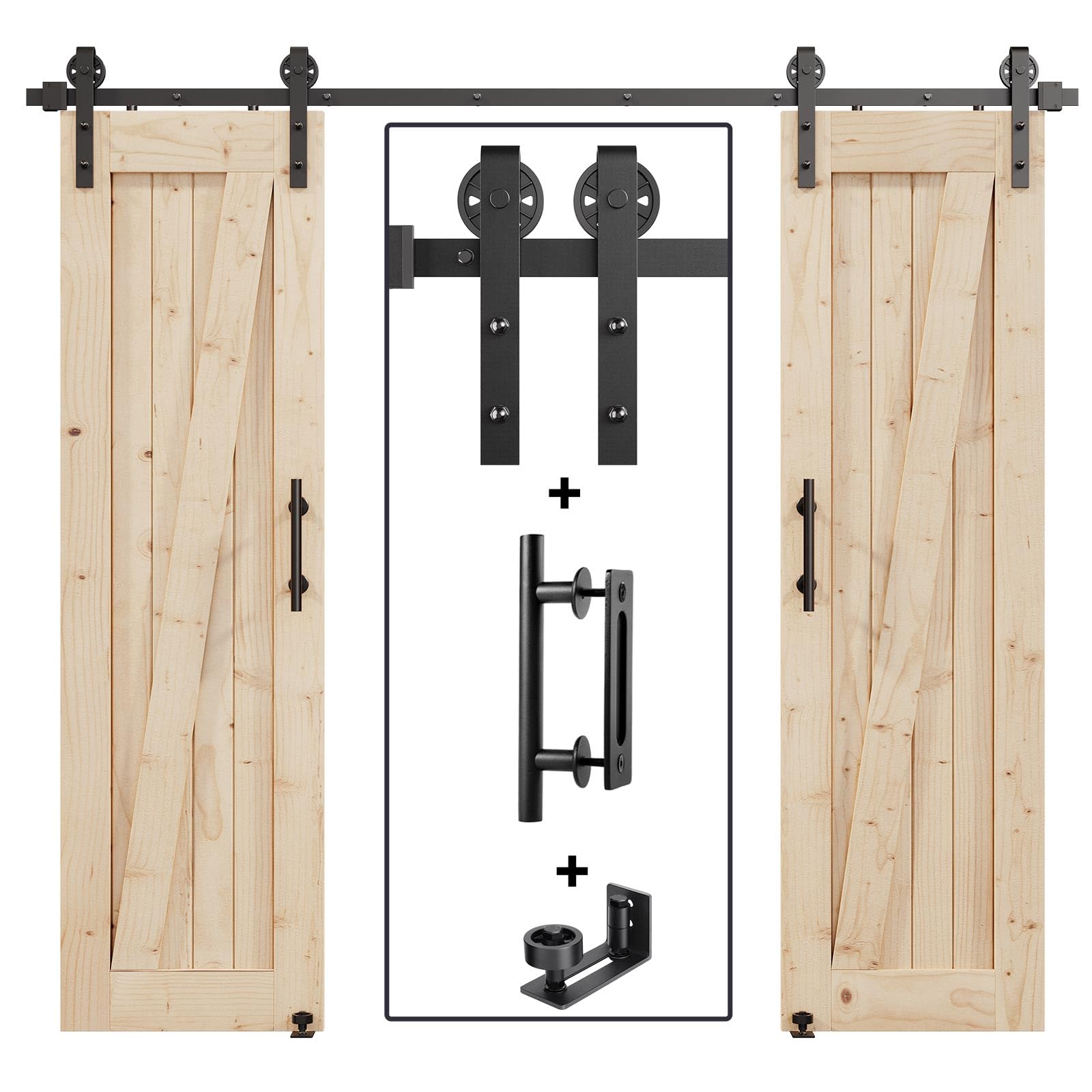 DYRCJ  8FT Double Door Sliding Barn Door Hardware Track Kit with Industrial Spoke Wheel Wall Mount Smooth Silent Slide Black Fits Doors 44 to
