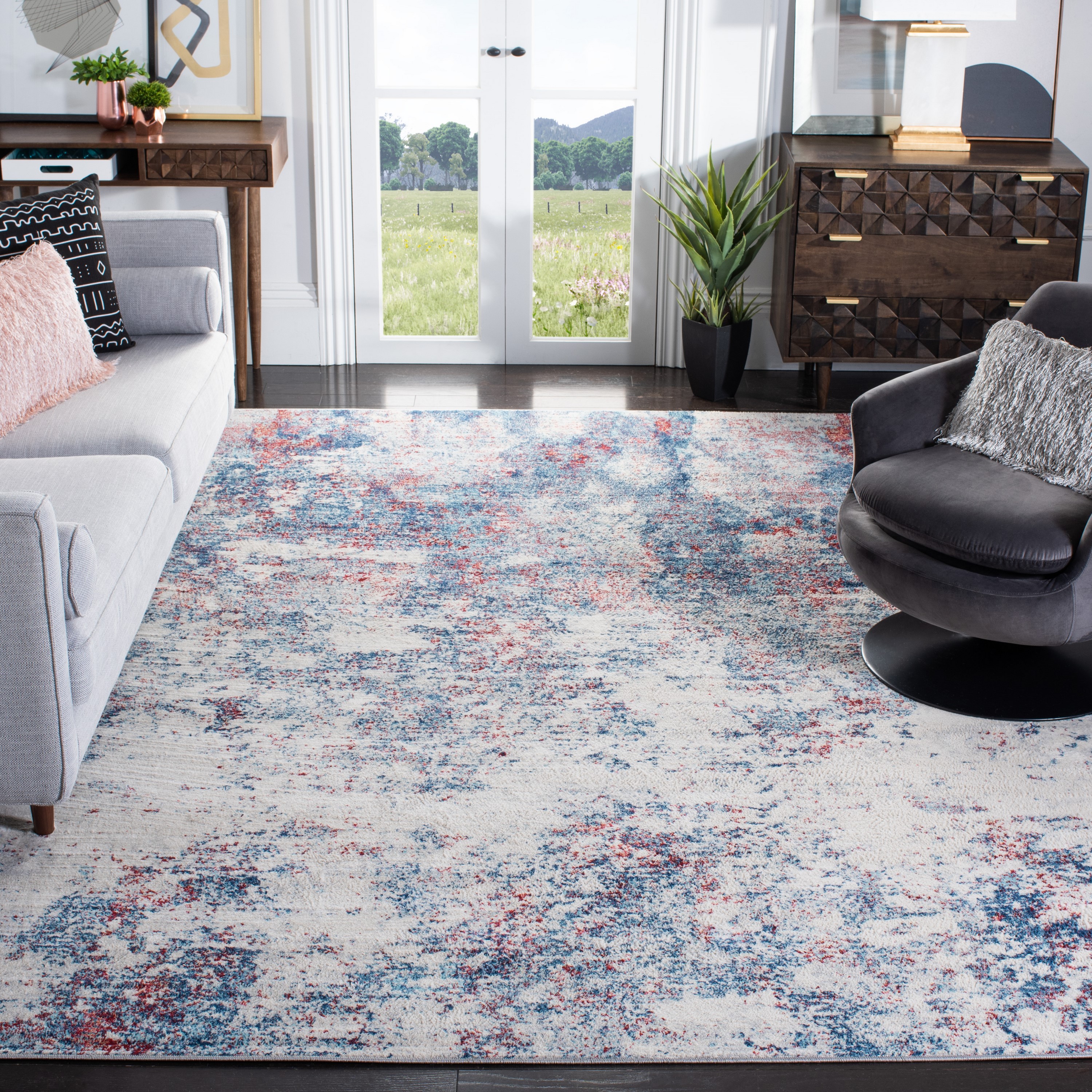Safavieh BNT822N-3SQ Brentwood Malissie 3 x 3 (ft) Loomed Polypropylene Navy/Red Square Indoor Distressed/Overdyed Bohemian/Eclectic Area rug