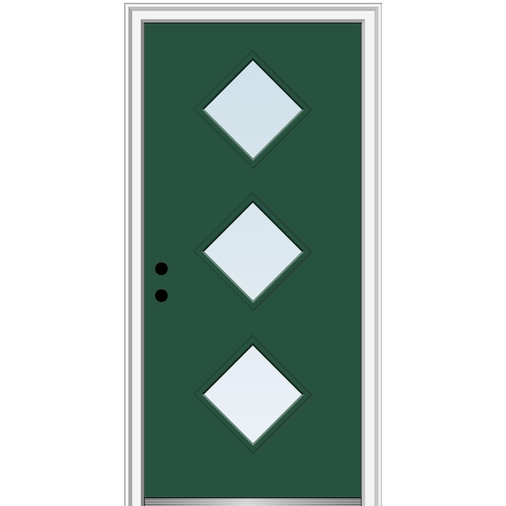 MMI DOOR ZZ349004R Spotlights 30-in x 80-in x 6-9/16-in Fiberglass Pulse lite Right-hand inswing Hunter Green Painted Prehung Front Door with Brickmould Insulating core