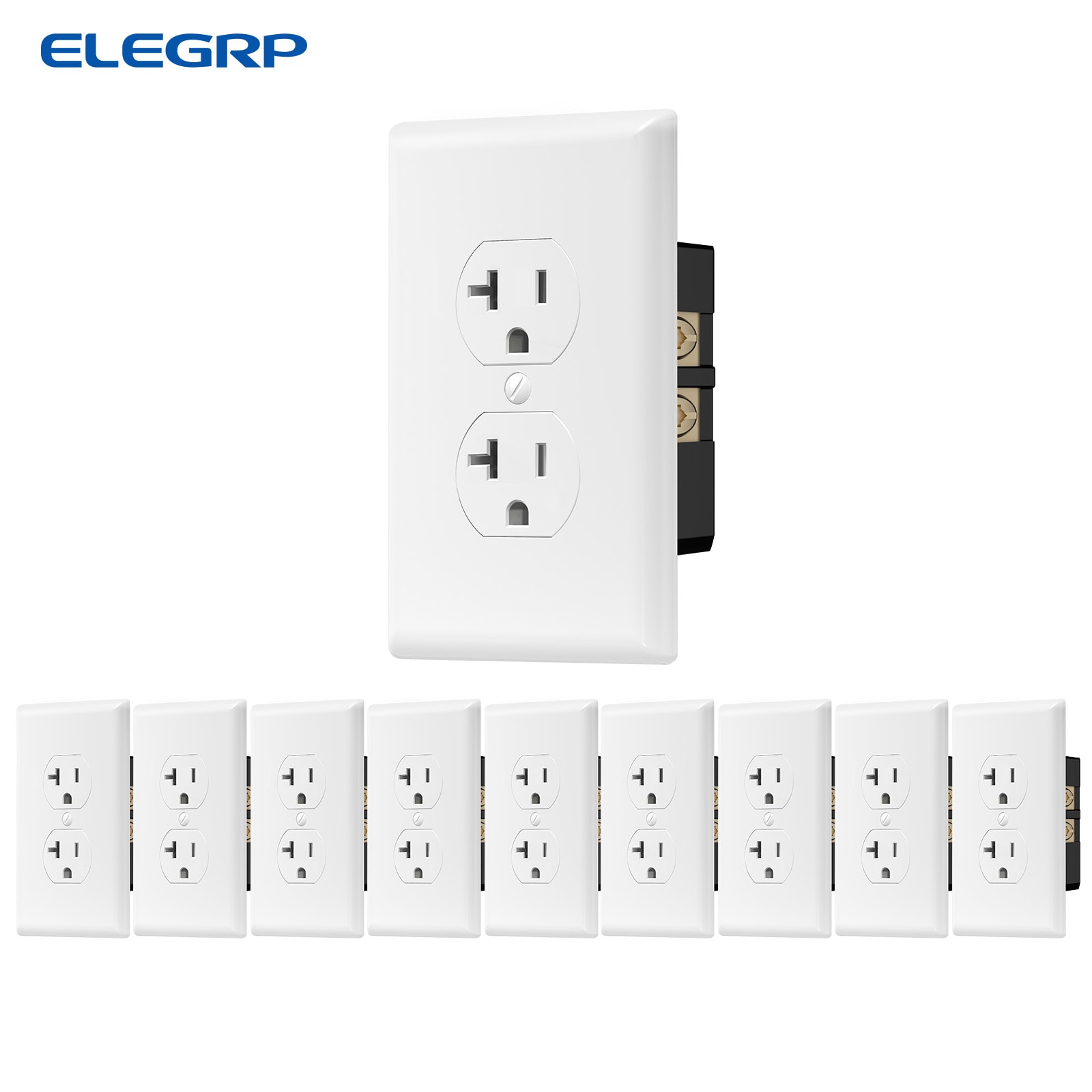 ELEGRP  Duplex Receptacles 2 Pole 3 Wire Grounding 20A 125V NEMA 5 20R UL Listed White 10 Pack