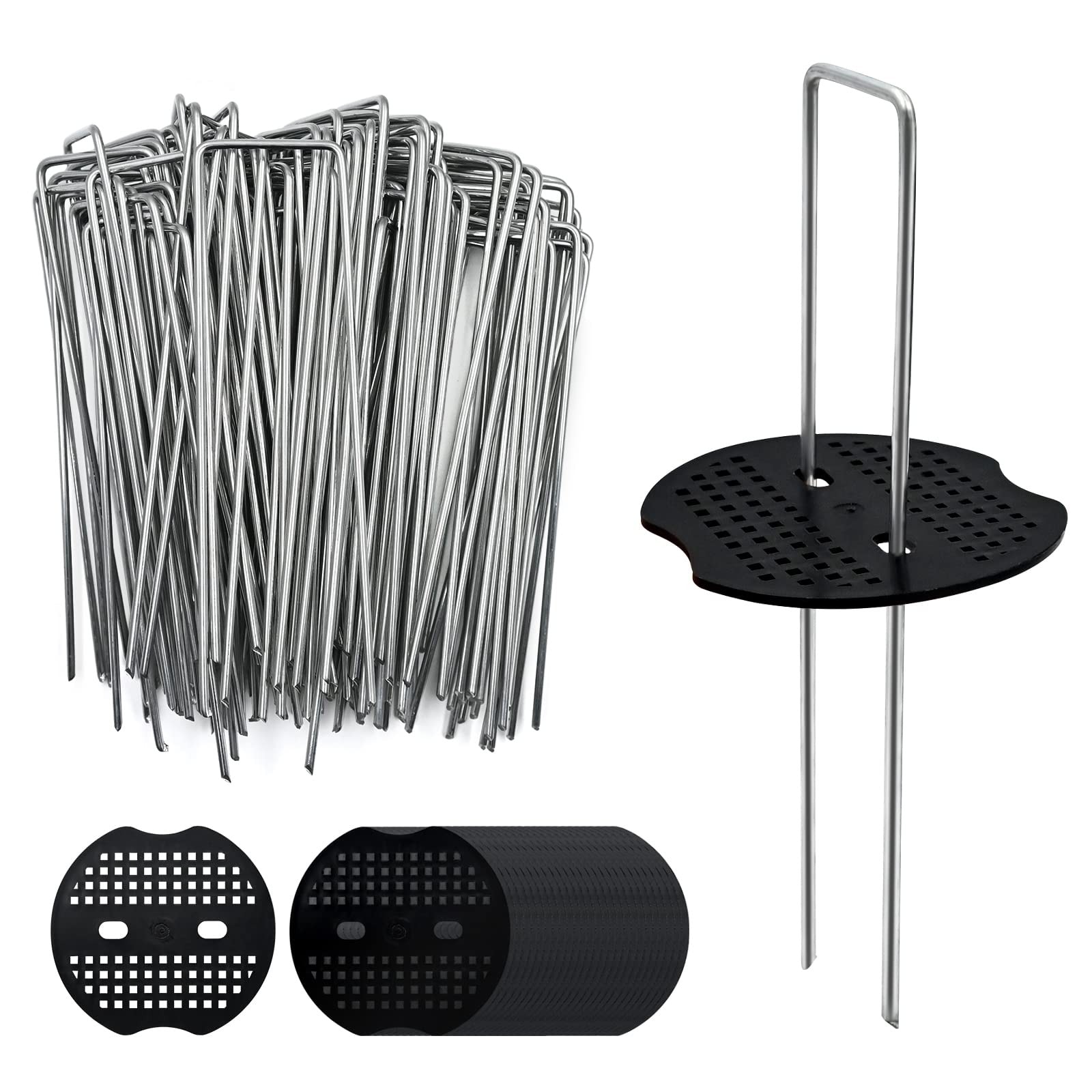 Numhew 6in L 100-Pack U-Shape Galvanized Steel Heavy-Duty Landscape Staples with 100 Gasket Sets Silver Garden Stakes