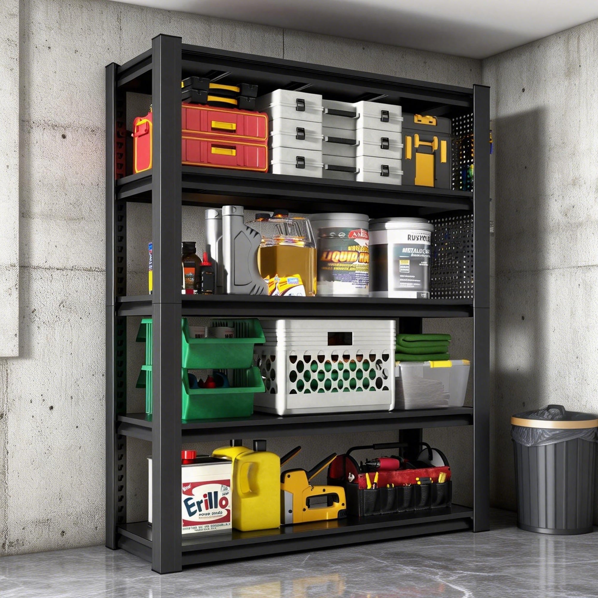 Horizons Prime - 78 inch Black Heavy-Duty Steel 5-Tier Adjustable Storage Shelving with Pegboard ...