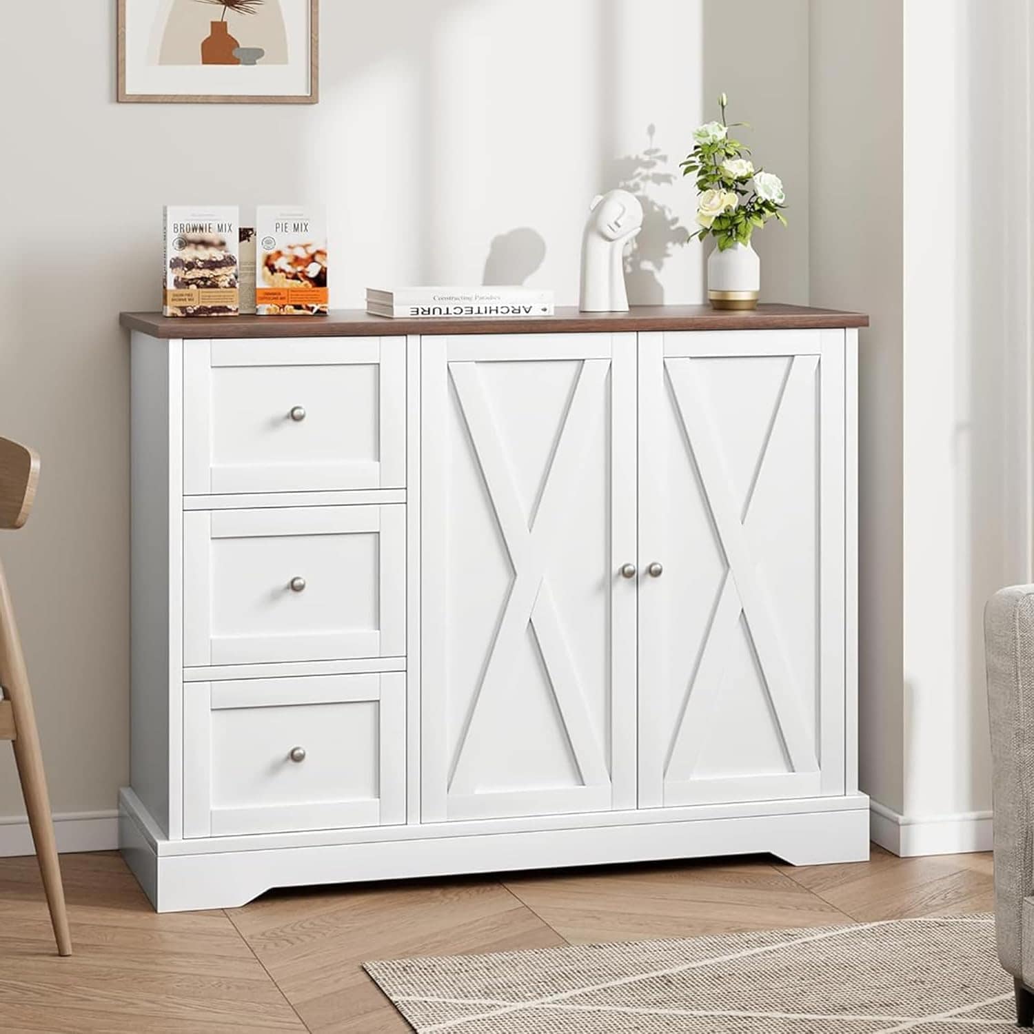 GarveeLife Farmhouse Buffet Cabinet with 3 Drawers and 2 Doors for Kitchen Dining Living Room