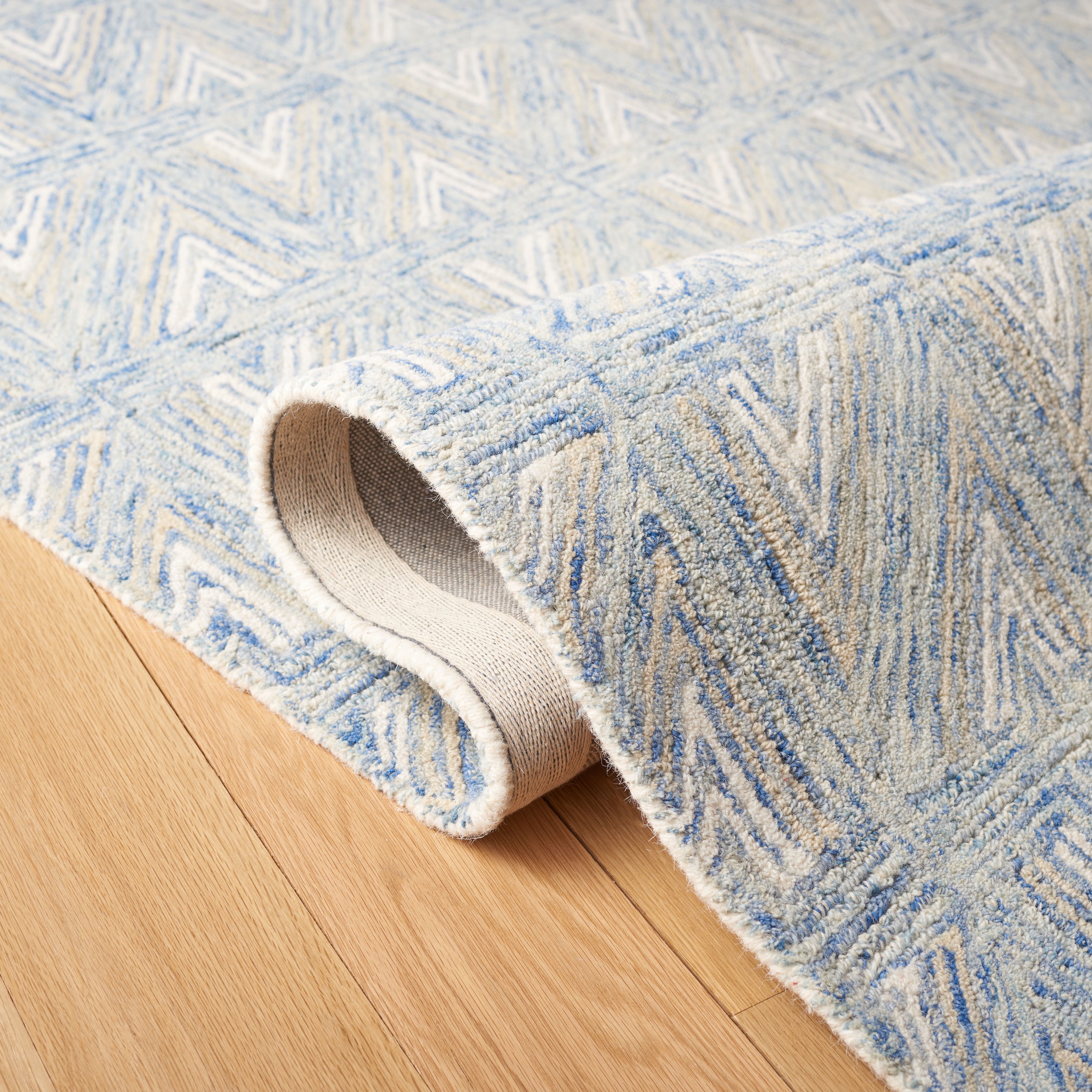 Blue and Beige Abstract Hand Tufted Wool Runner Rug