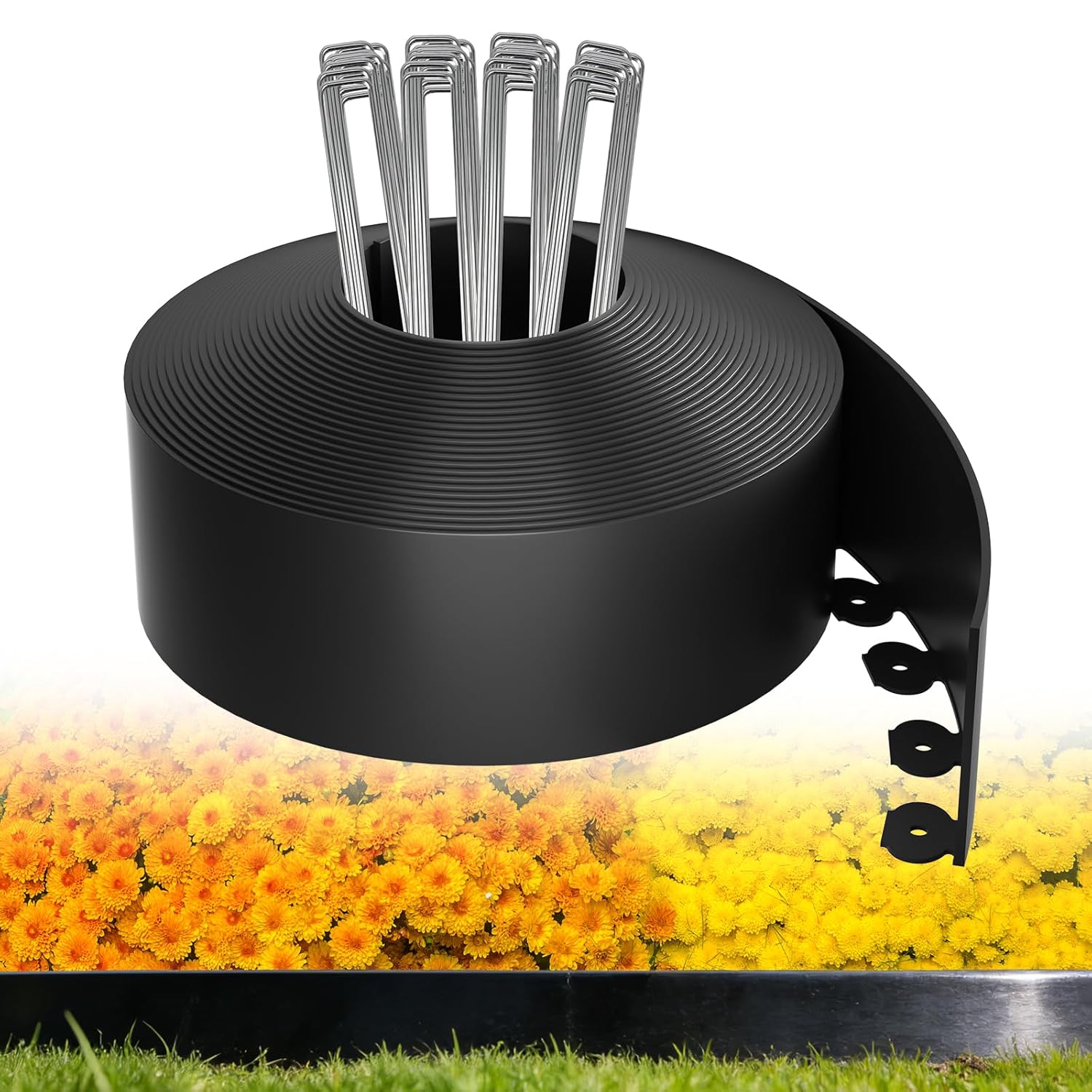 CJGQ 4in Tall 33ft Flexible Plastic Landscape Edging Kit with 50 Metal Spikes and Reinforced Rib Design for Lawn Garden Flower Beds Pathways and Borders