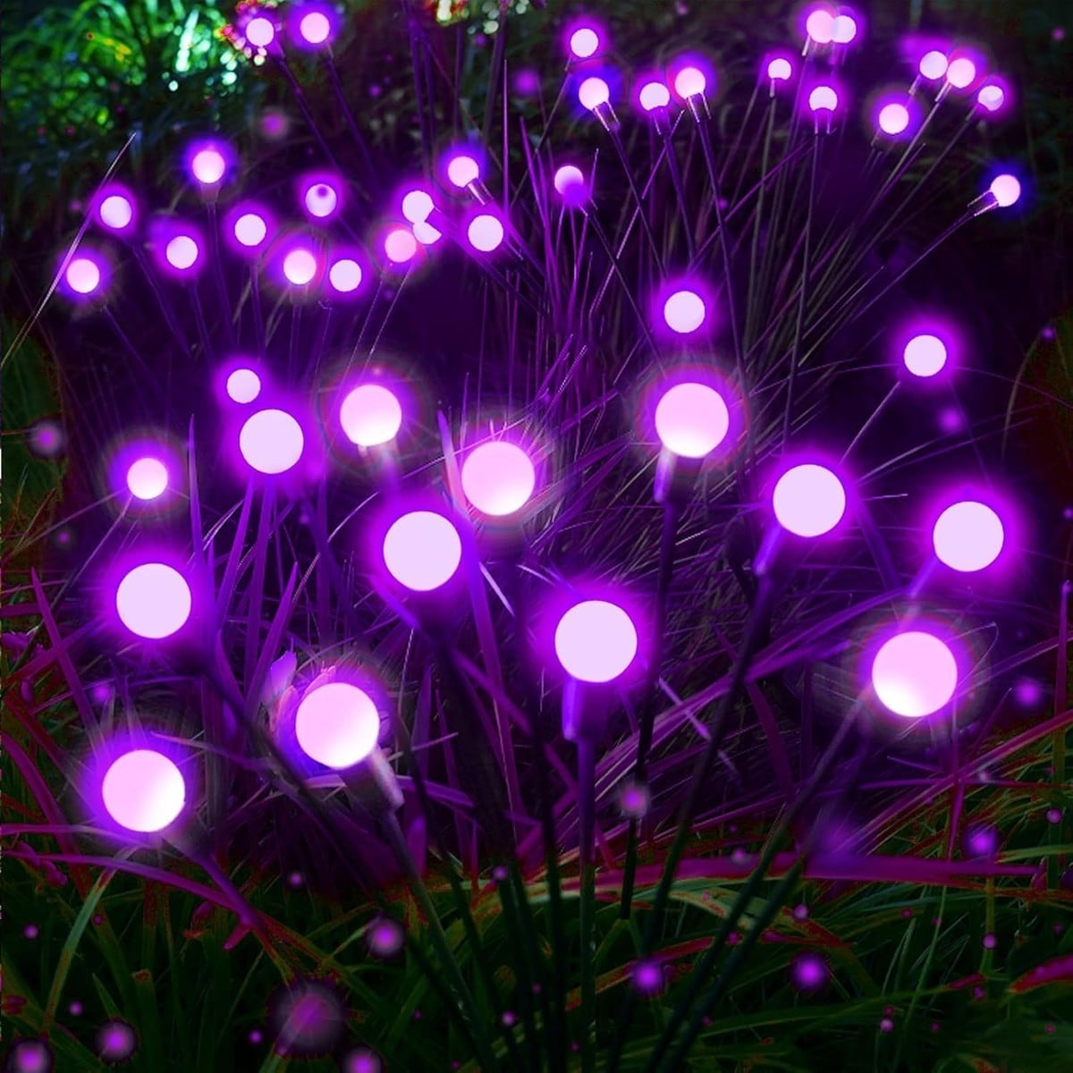 HEKCUIX  6 Pack Solar Firefly Lights 48 LED Purple 2 Lighting Modes Memory Function Auto On Off IP65 Waterproof for Outdoor Halloween Decor Garden
