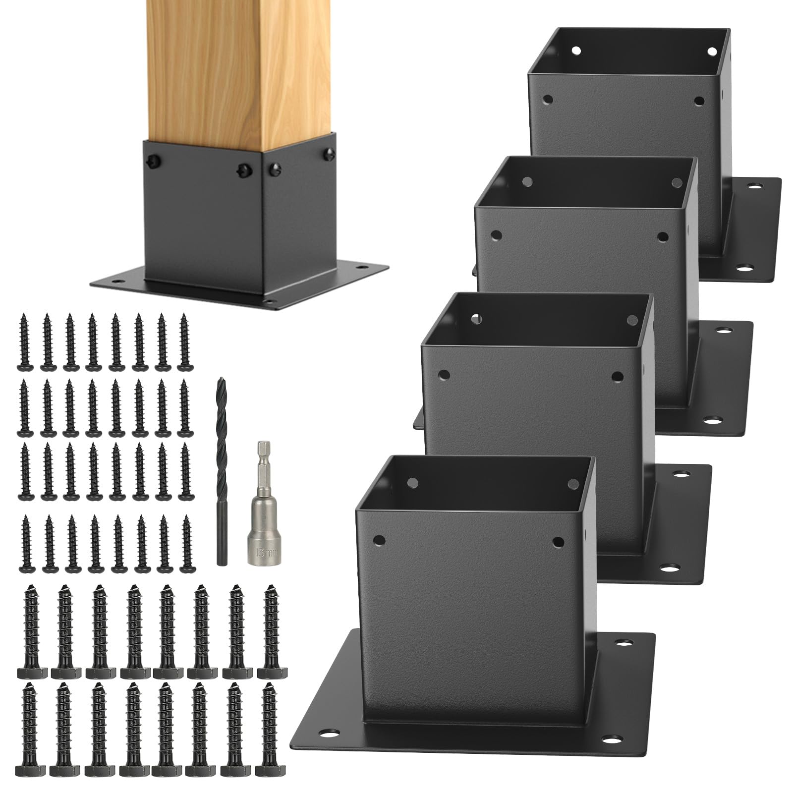 Afoxsos  4 x 4 Post Base 4 pcs Square Brackets Kit Stainless Steel Anchor Base for Wood Deck Porch Handrail Fence Gate Railing Pergola Support