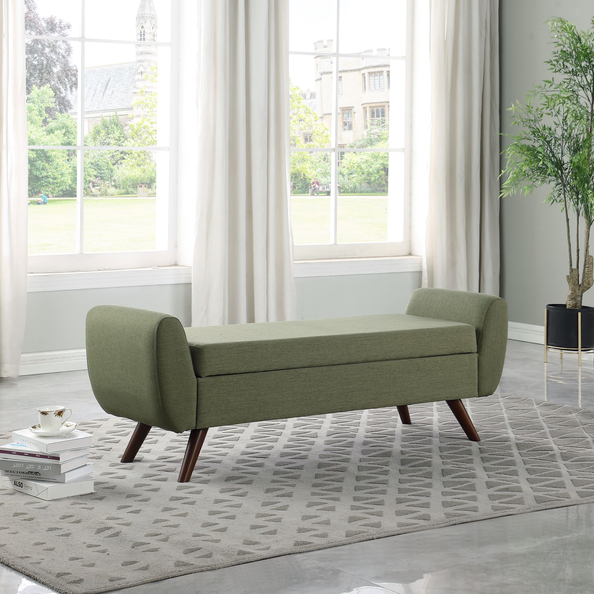 HomePop K8566-F2419 Midcentury Olive Green Woven Storage Bench with Storage 60-Inches x 18-Inches x 21-Inches