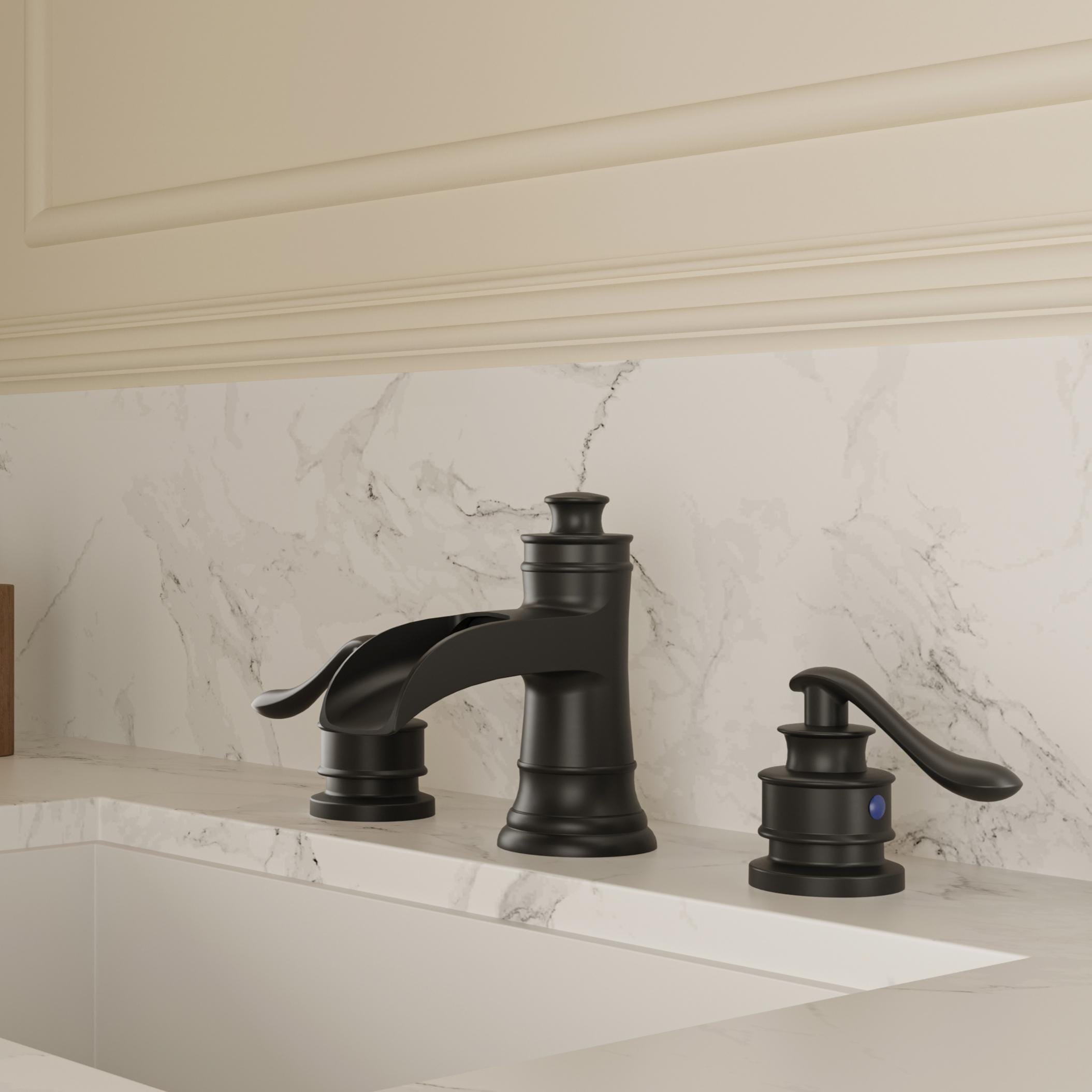 BWE Matte Black Widespread 2-handle WaterSense Waterfall Commercial/Residential Handle Bathroom Sink Faucet with Drain