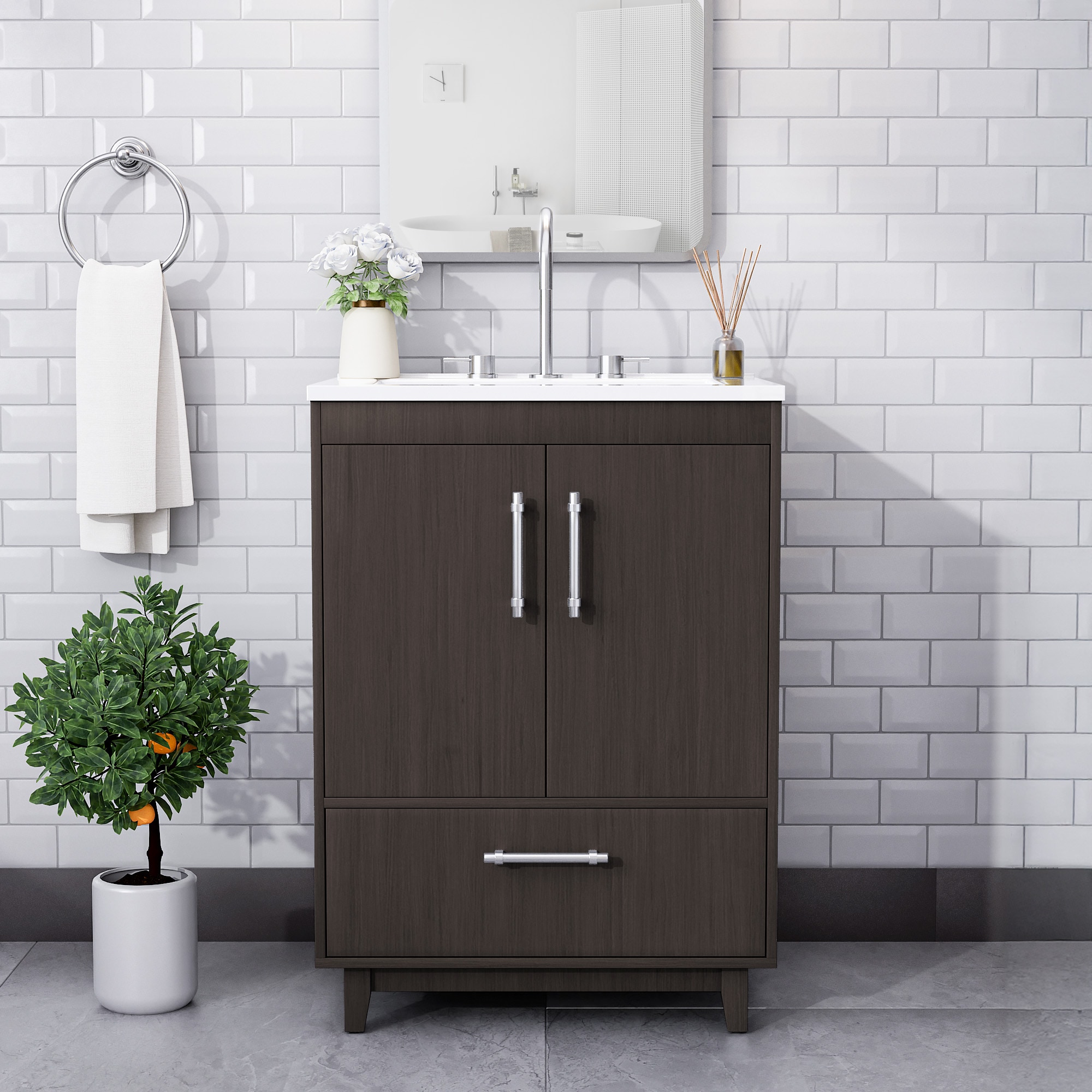 JEAREY HDBY-BL 25-in Brown Single Sink Bathroom Vanity with White Polymarble Top