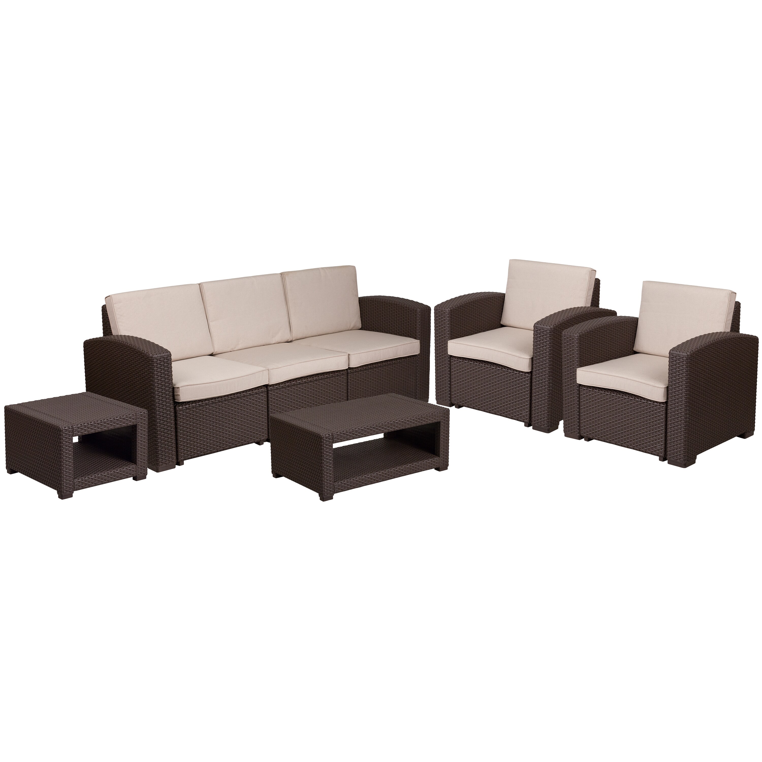 Flash Furniture 889142930044 Seneca 5 Piece Outdoor Faux Rattan Chair; Sofa and Table Set in Seneca Chocolate Brown