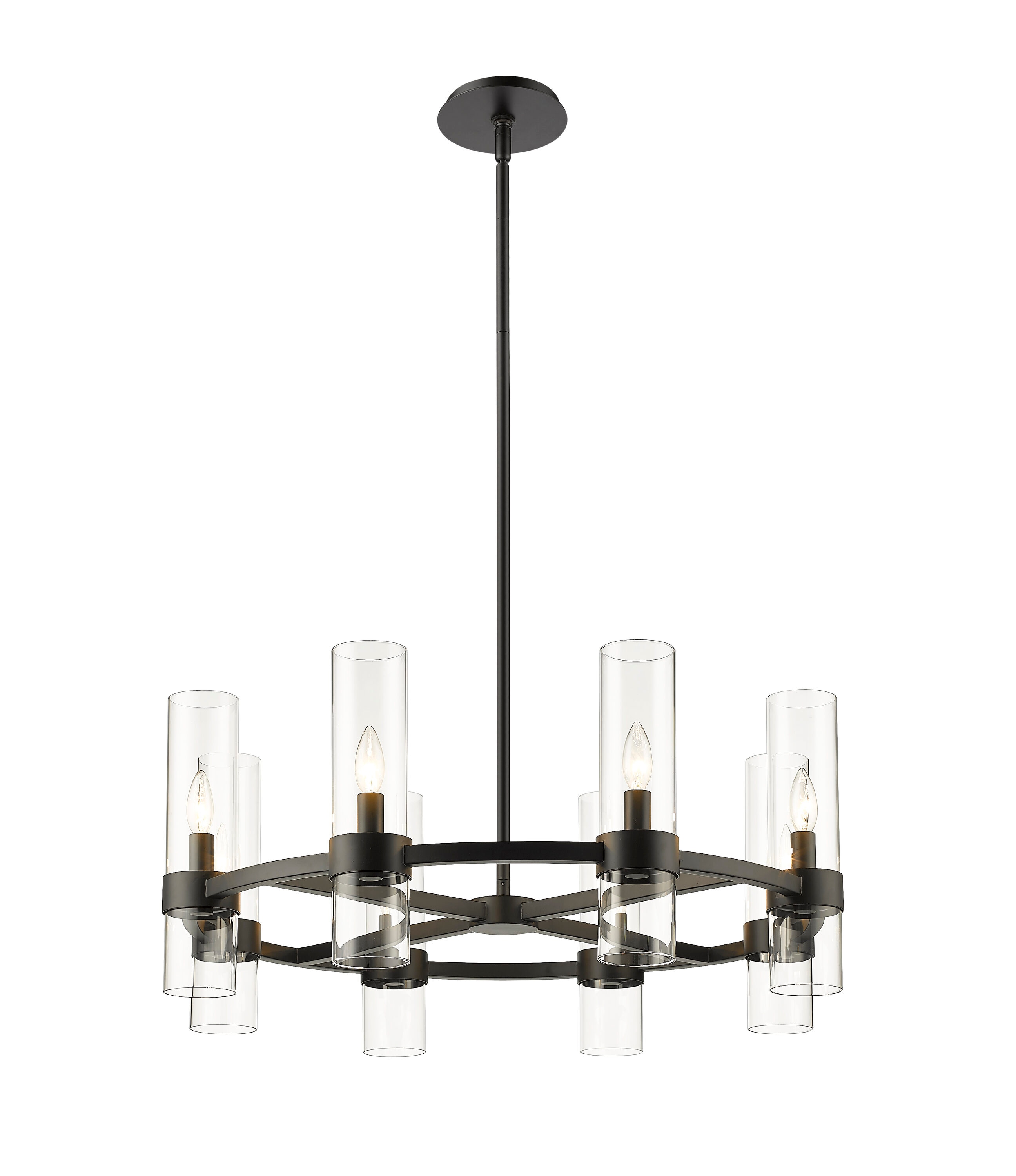 Matte Black Iron and Glass 32" Round Chandelier
