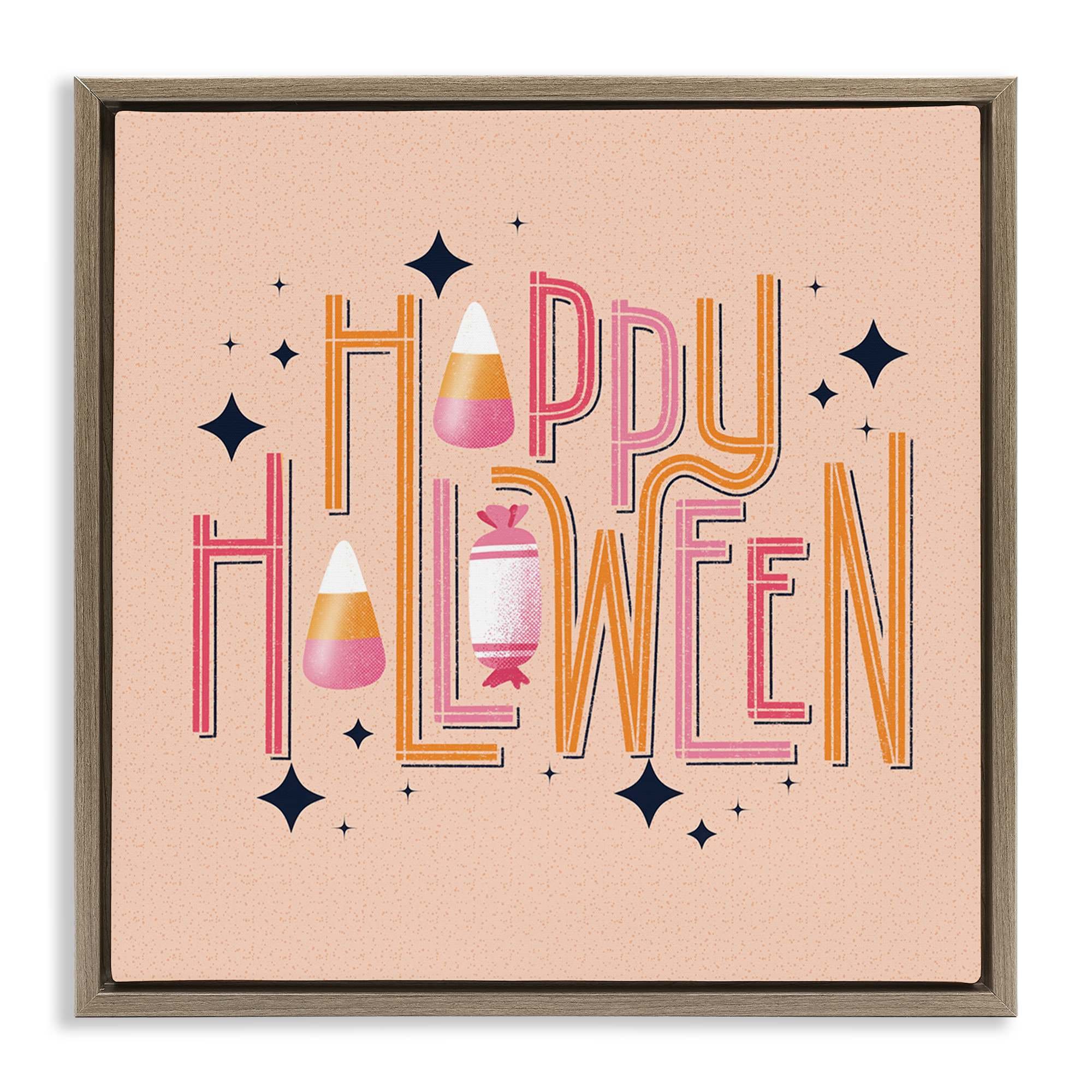 Stupell Industries BT-439-FFE-24X24 Happy Halloween with Candy Brown Framed Floater Canvas Wall Art By Sarah Hickman 25 x 25