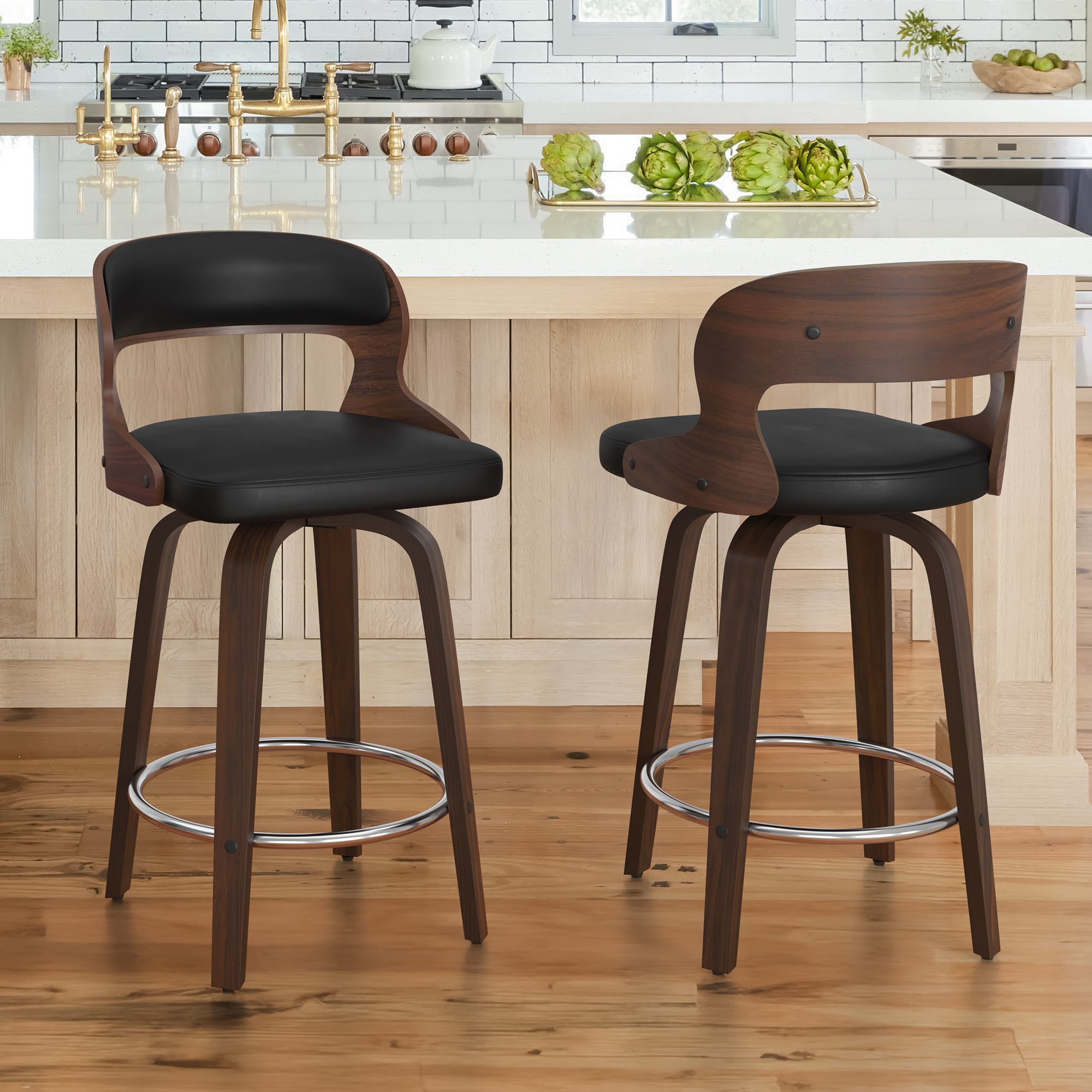 LUE BONA YB-042-02LS Set of 2 Black/Faux Leather 26-in H Counter height (24-in to 27-in) Square Seat Upholstered Swivel Wood Back Bar Stool Back