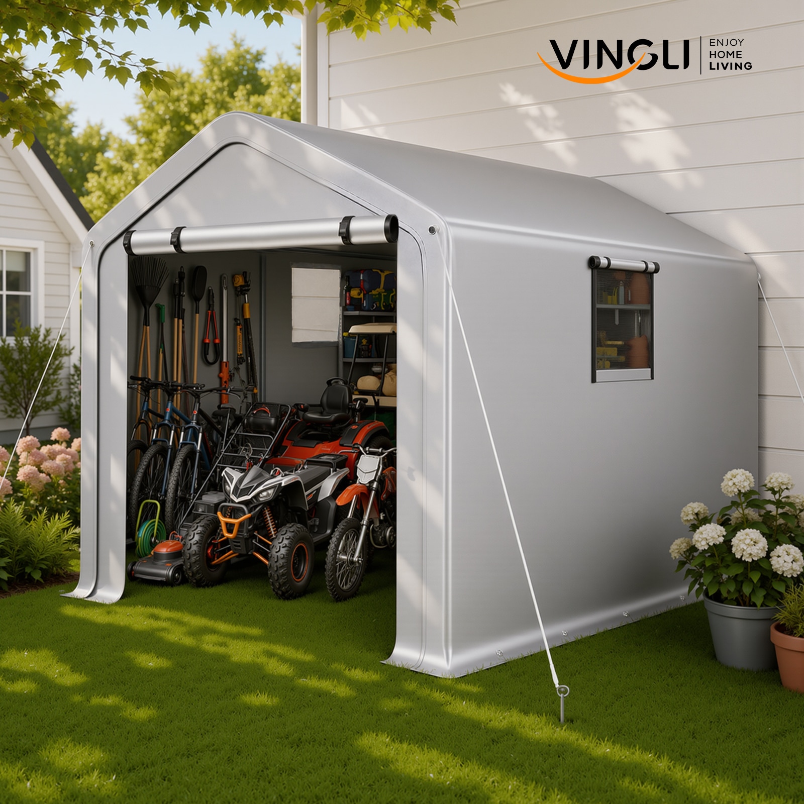 VINGLI 8x10 FT Outdoor Storage Shelter Shed with Roll-up Zipper Door Waterproof and UV Resistent Carport Tent for Motorcycle Gray