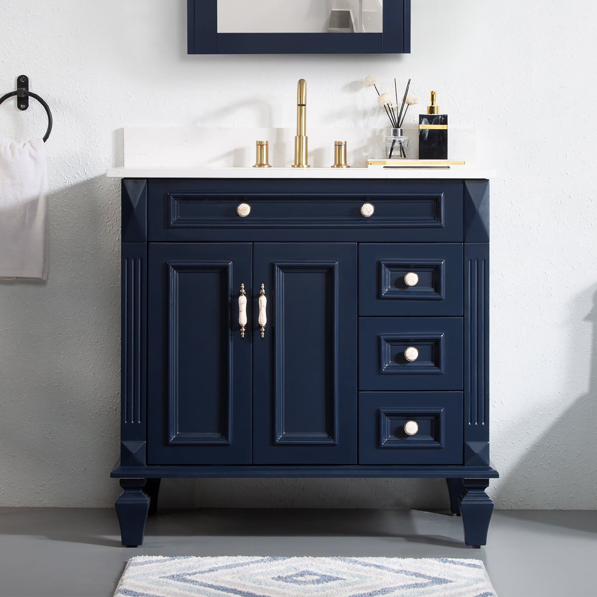 WELLFOR ARTWOOD36QZ-NB-1 ART Solid Wood Traditional Bathroom Vanity 36-in Blue Undermount Single Sink Bathroom Vanity with Carrera white Quartz Top (Fully Assembled)
