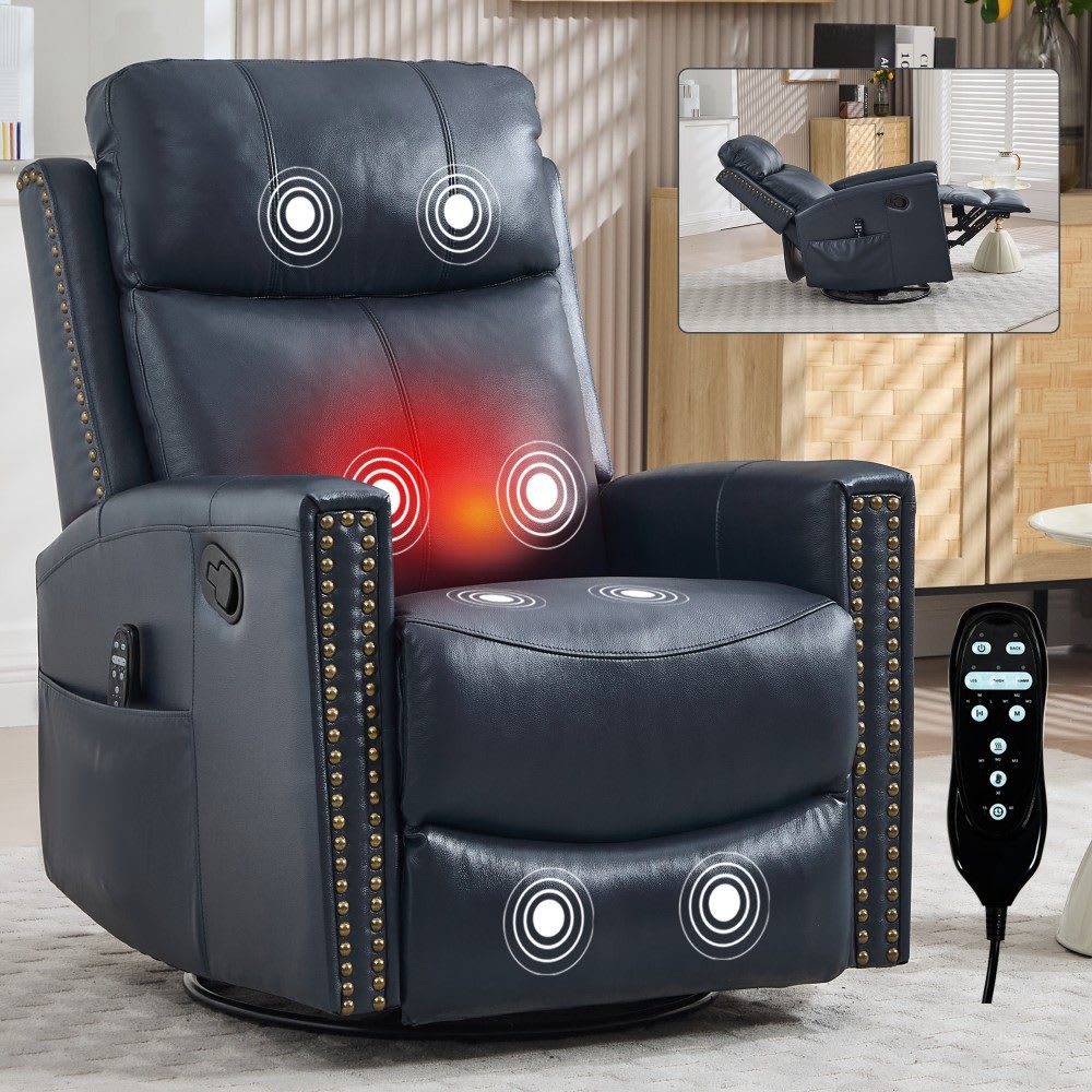 Coolbibila KIM-RECLINER-BLUE Blue Genuine Leather Recliner Chair with Massage Rocker Swivel and Manual Handle for Living Room