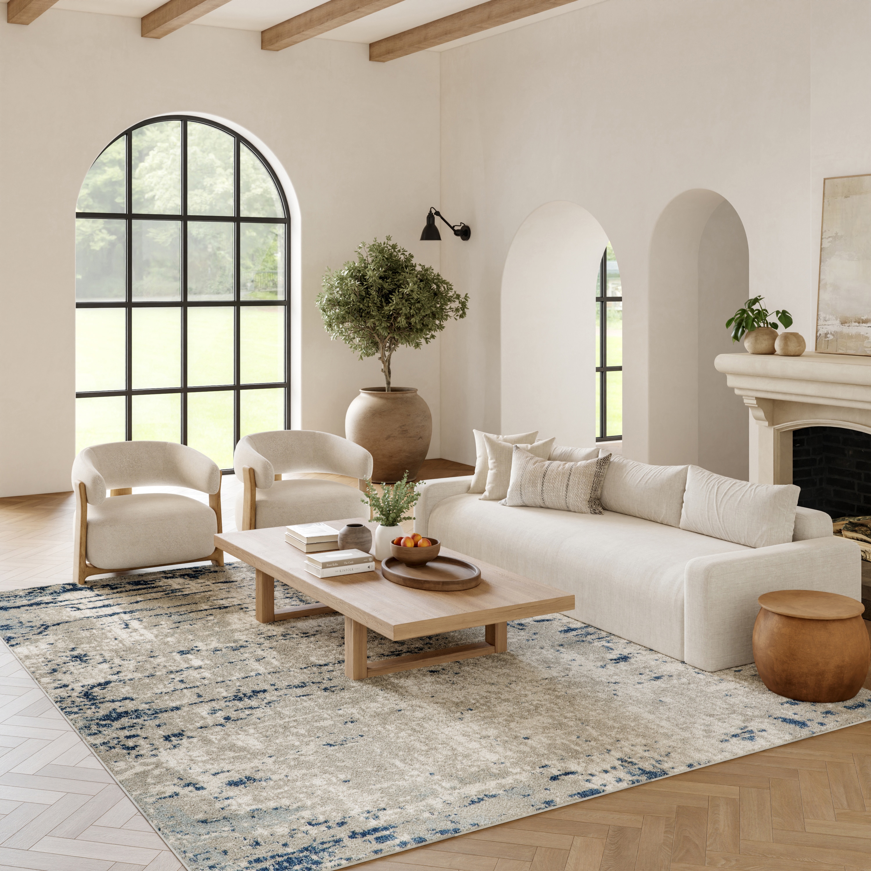 Nourison Home 099446914026 8 x 10 (ft) Loomed Ivory Grey Blue Rectangular Indoor Distressed/Overdyed Area rug