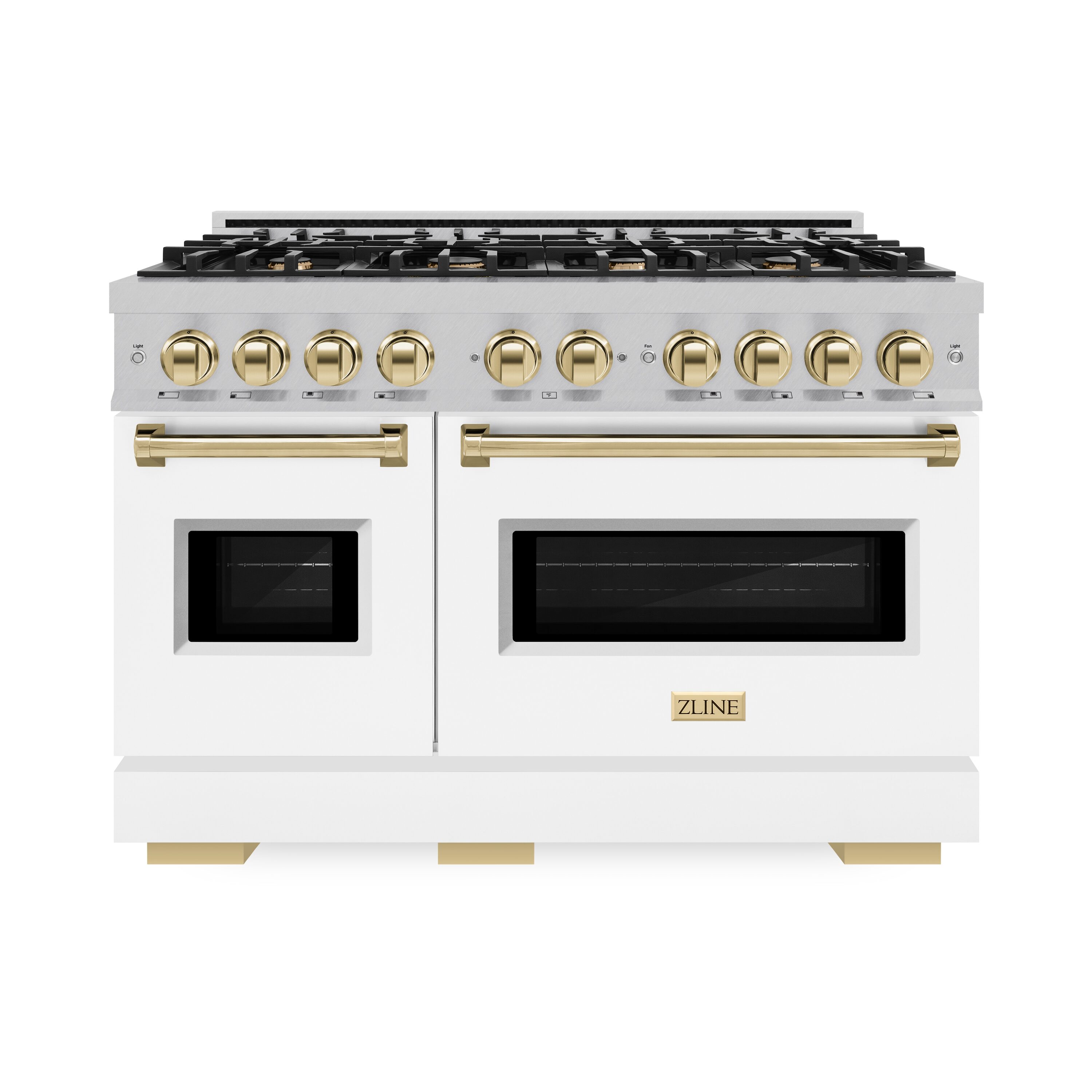 ZLINE KITCHEN & BATH CGRSZ-WM-48-G Classic 48-in 8 burners 4.2-cu ft / 2.5-cu ft Convection Oven Freestanding Liquid Propane Double Oven Gas Range ( Satin Stainless Steel, White Matte Door, Polished Gold )