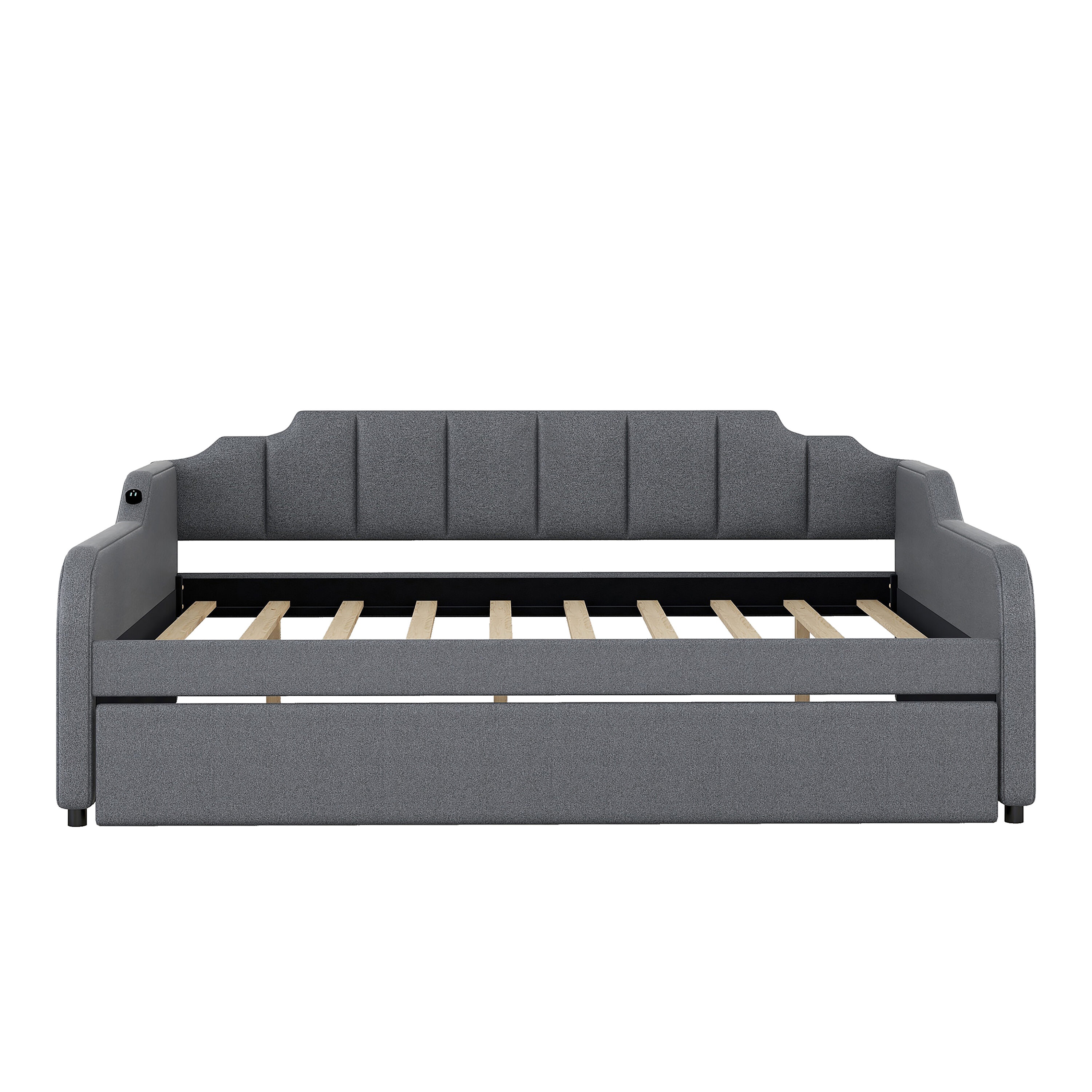 Full Size Upholstered Button Tufted Sofa Bed with Drawers and Waved Shape  Arms, Gray - ModernLuxe