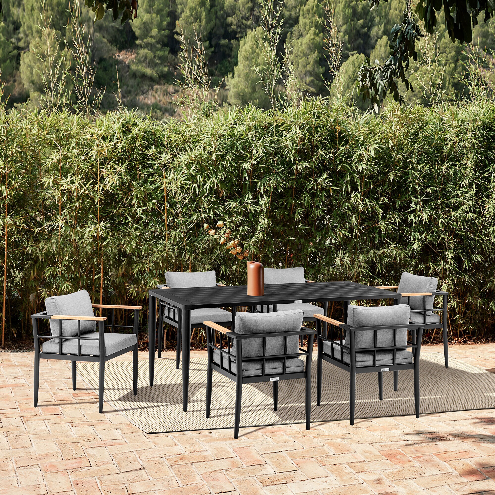 Armen Living Beowulf 7-Piece Black Patio Dining Set with 6 Stationary ...