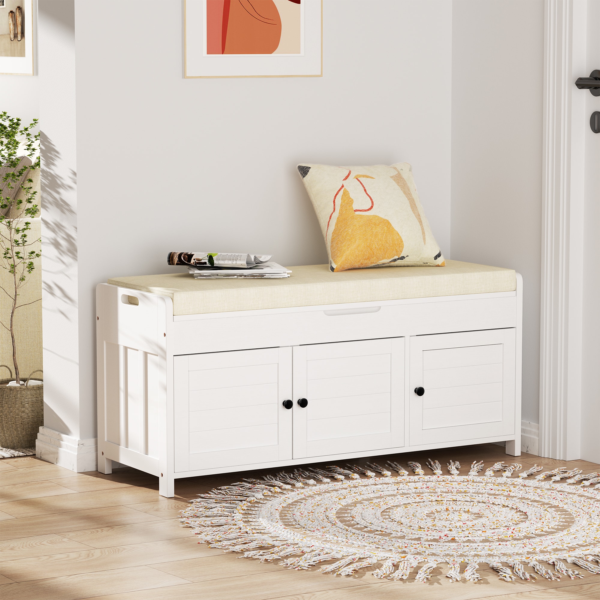 LOVMOR 10490051D9-YCM 43.5-in W x 20-in H x 16-in D White Storage Bench for Entryway with Cushion and Hidden Storage