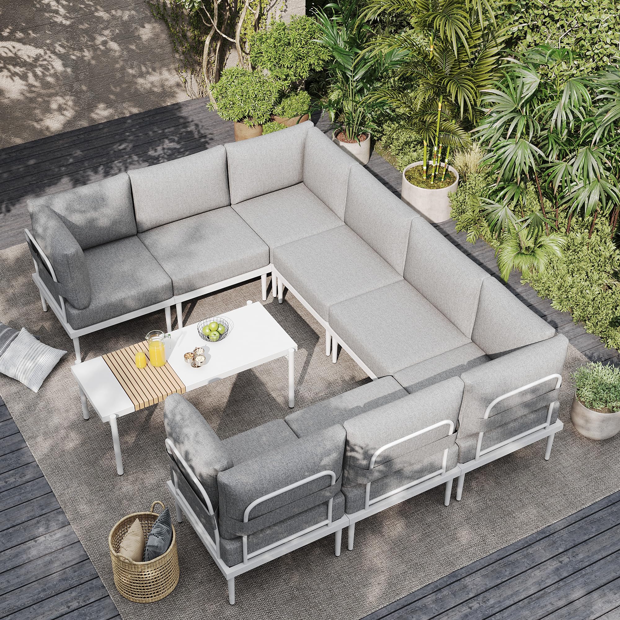 AURA OUTDOOR OICS-3345-WH Patio Sectional Outdoor Sectional with Gray Cushions and Steel Frame
