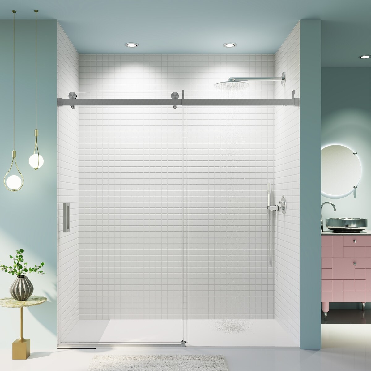 Loheer 68-72-in W x 76-in H Frameless Single Sliding Shower Door in Brushed Nickel Finish