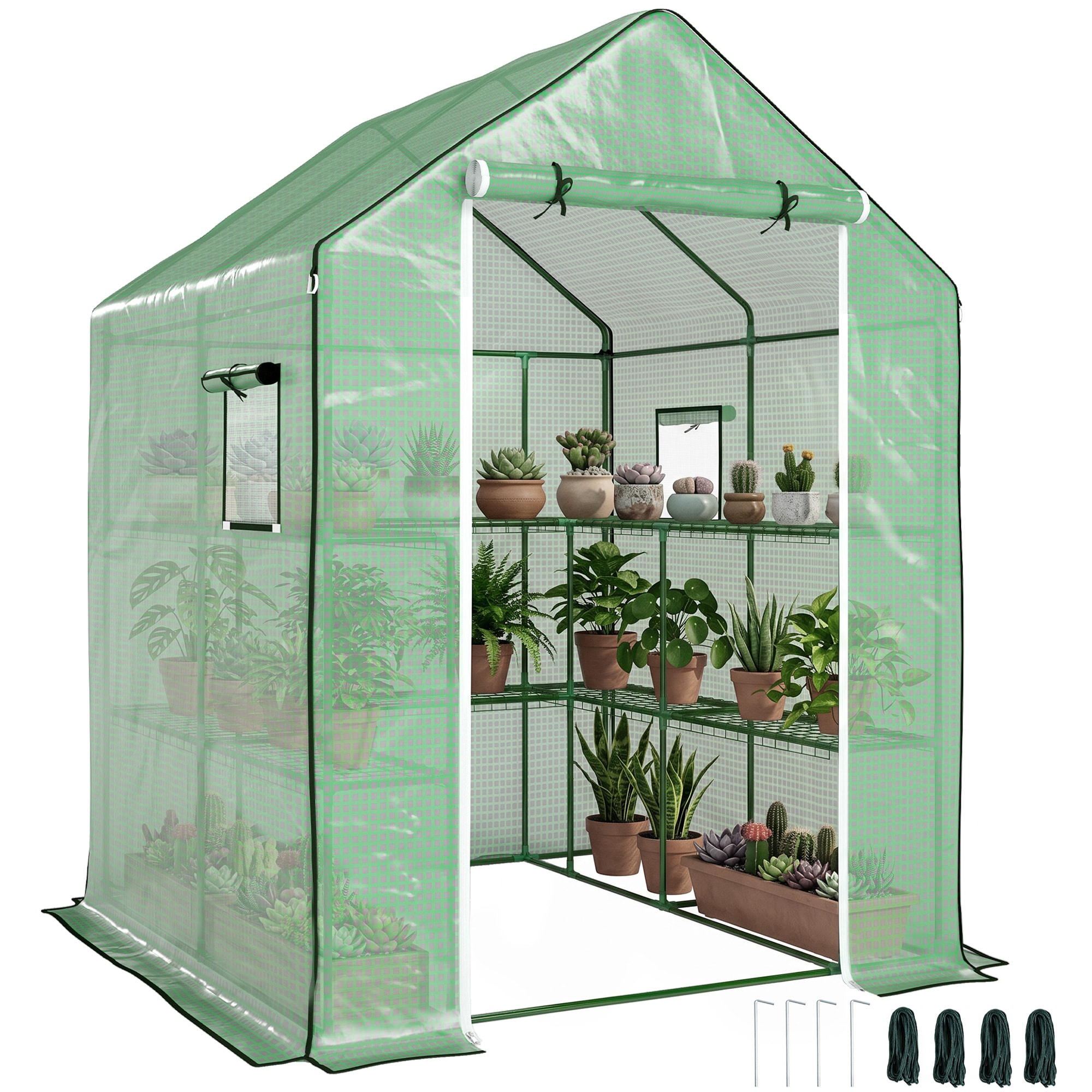 LUXEYARD 5ft x 5ft Portable Greenhouse WaterUV Resistant Walk-In Small Outdoor Green House with 2 Tier U-Shaped Flower Rack Shelves Roll Up DoorWindows Green