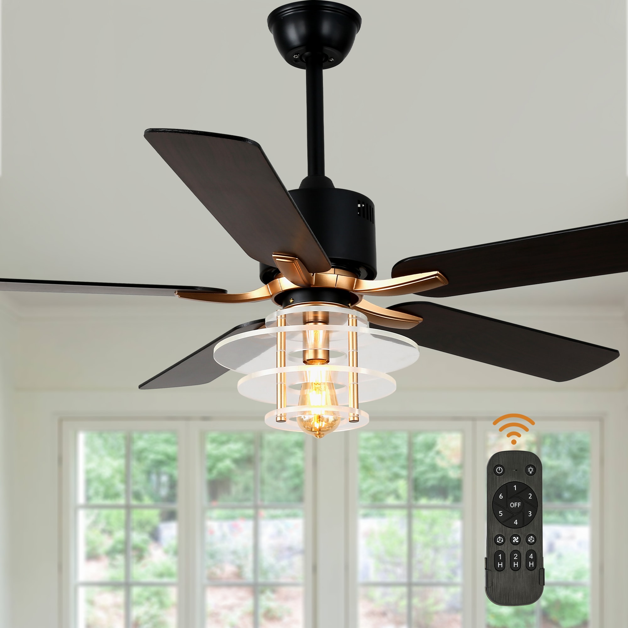 Bella Depot DCFSD5222-BR Modern 52-in Color-Changing Black with Black Blades Ceiling Fan Light kit compatible and Remote ( 6 -Blade )