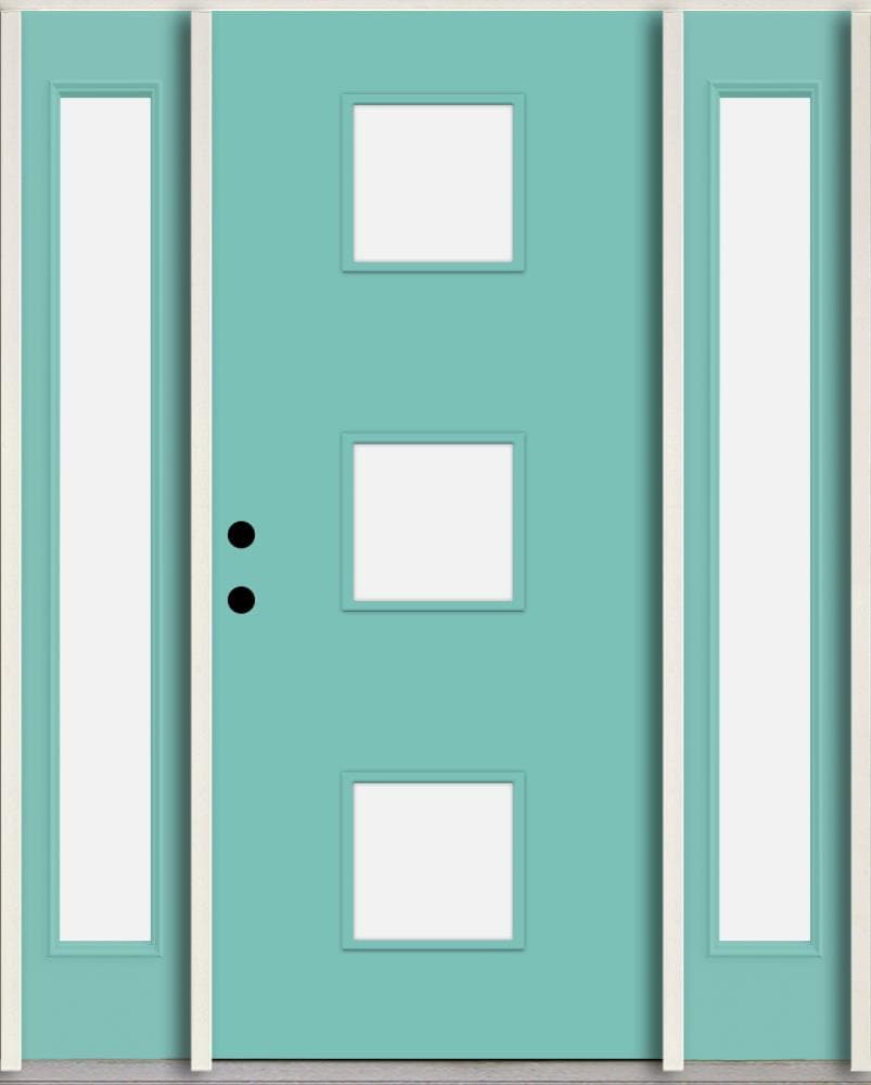 RELIABILT LO1066513 Spotlights 56-in x 80-in x 4-5/8-in Fiberglass 1/4 lite Right-hand inswing Caribbean Blue Paint Painted Prehung Front Door with Sidelights Insulating core