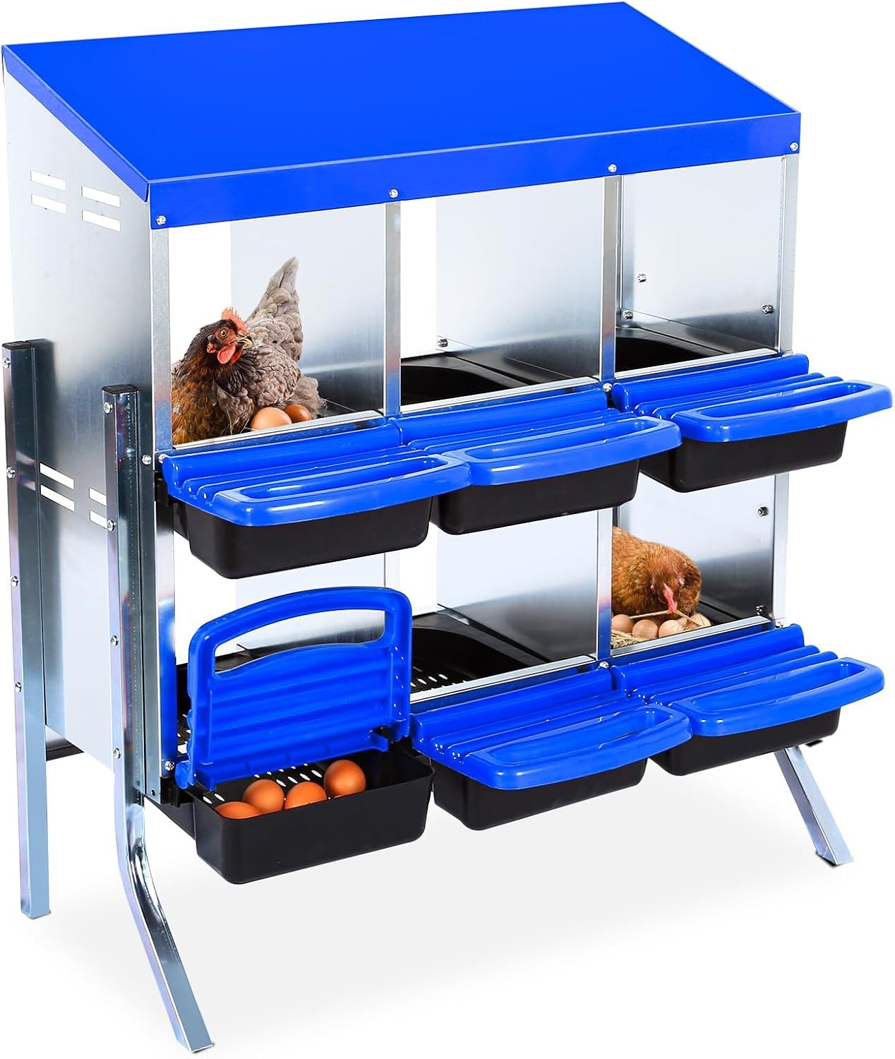 Qeetex GGL-PPG-33CXPLB9 6-Hole Blue With Stand Chicken Nesting Box Roll-Away Egg Collection System with Ventilation Holes  Rustproof Plastic Tray Keyhole Mounting  Chicken Laying Box for Hen or Duck