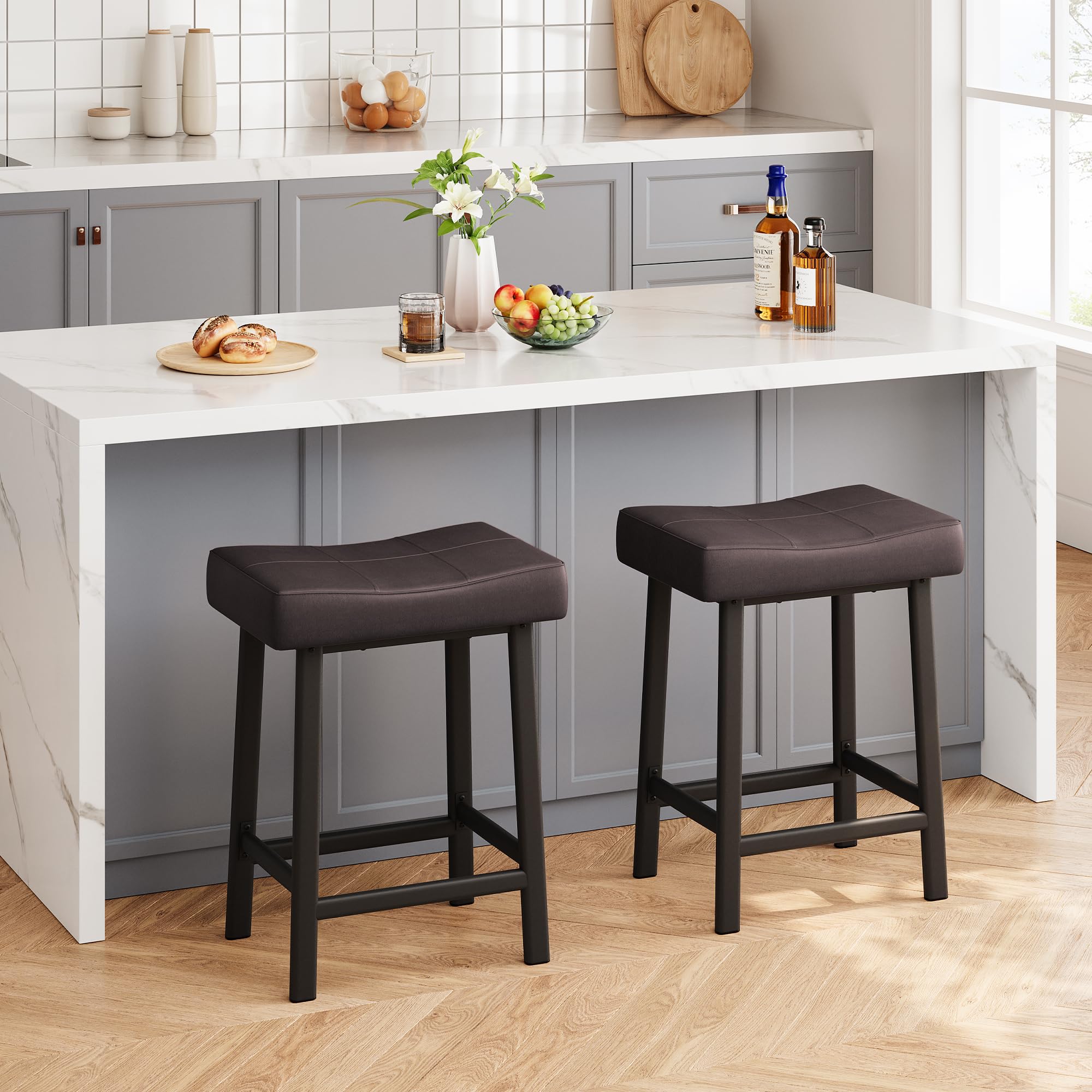 DEXSO 2 Pack Counter Height Bar Stools 24 Inch Brown Upholstered Padded ...