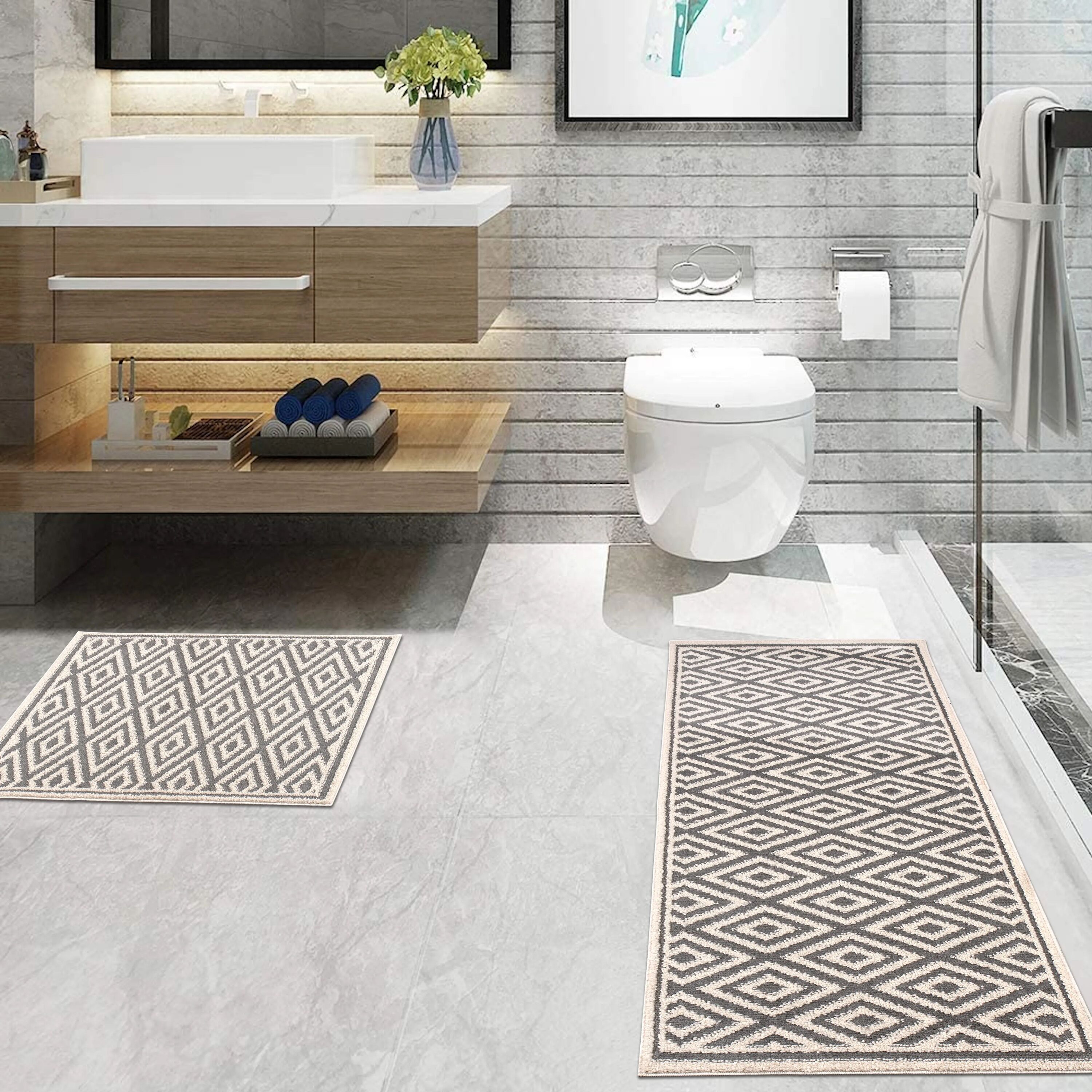 mDesign Large Modern Bath Mat Runner - Non-Skid Bathroom Runner